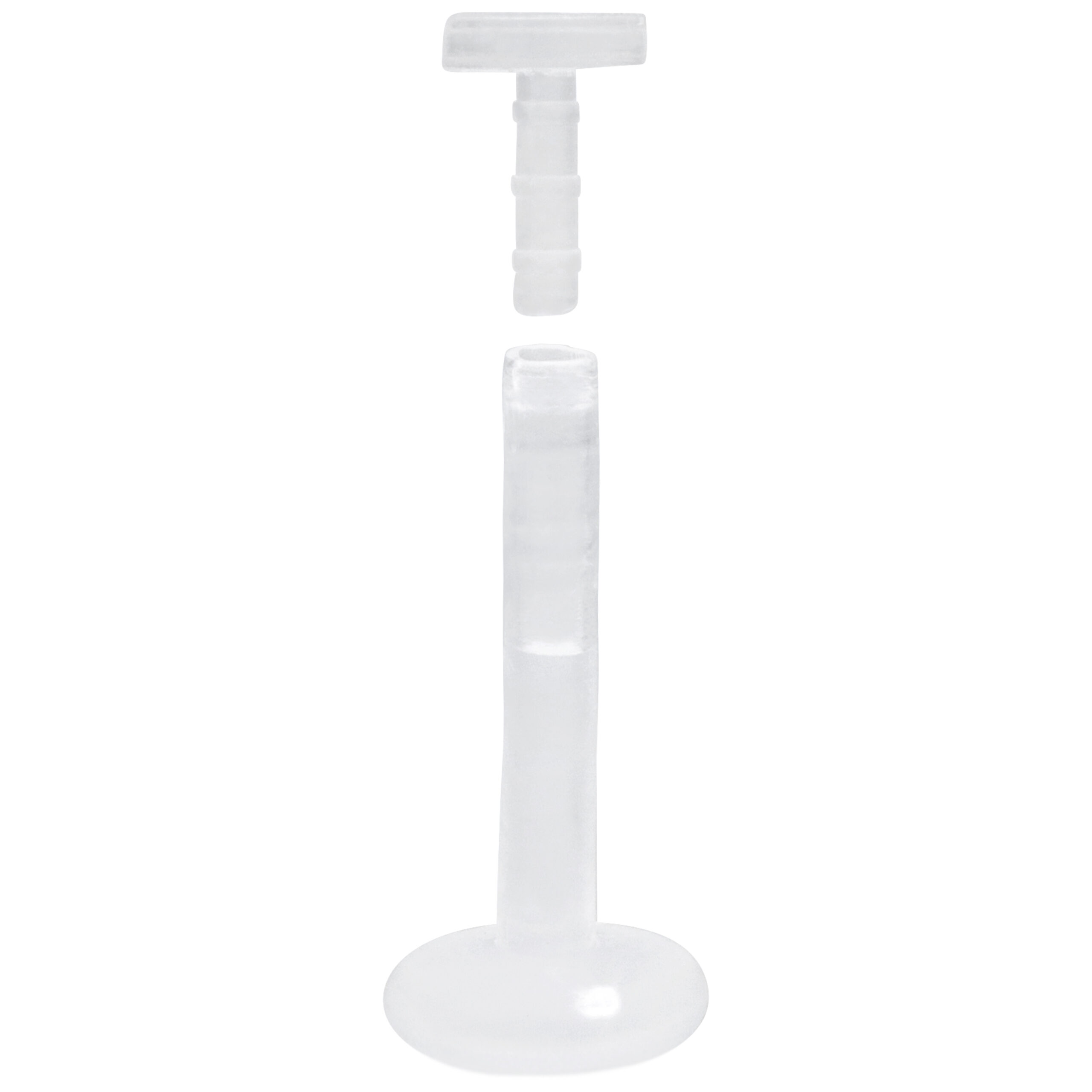 Transparenter Labret Stab aus Bioplast mit Push-Fit Gewinde auf weißem Hintergrund
