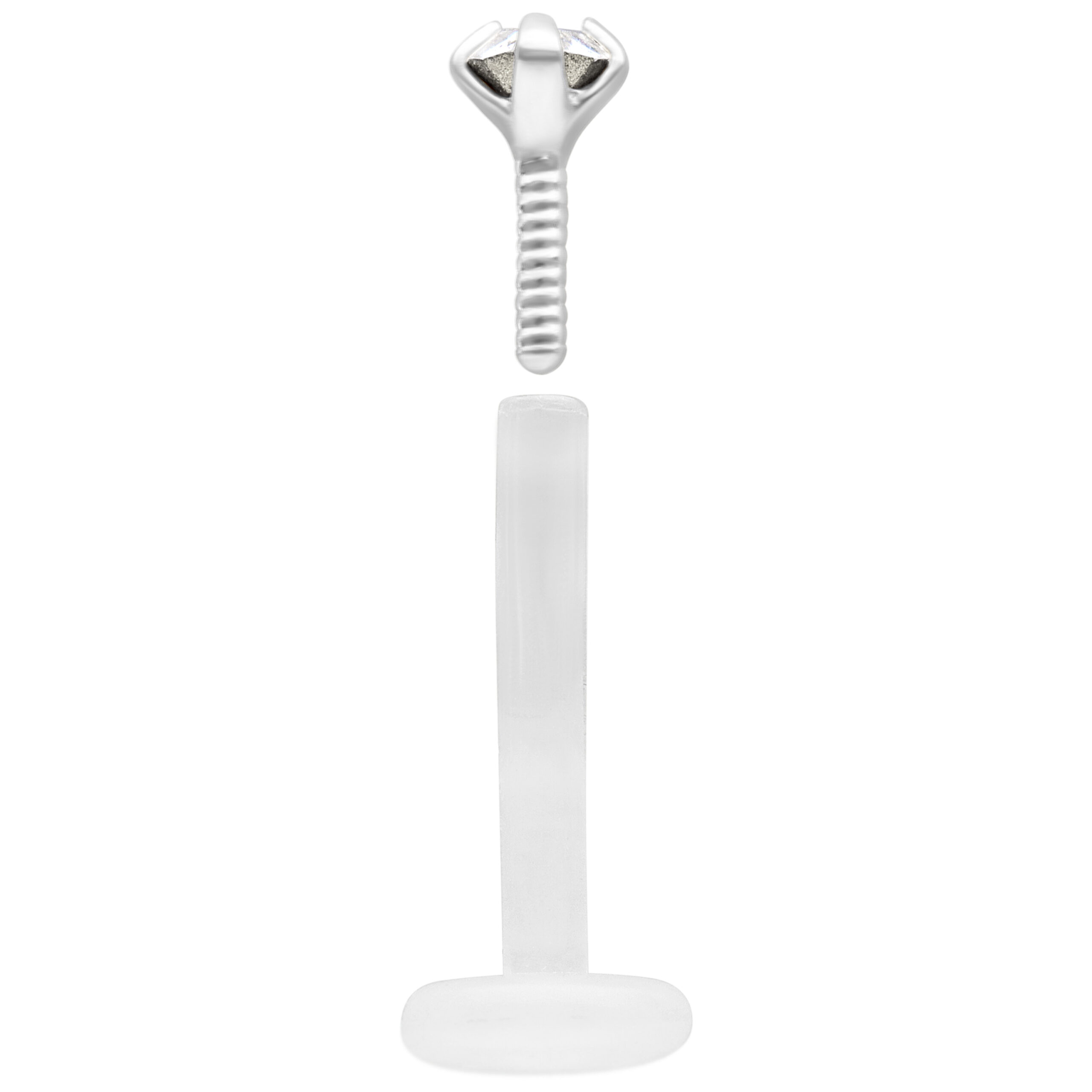 Silbernes Labret mit kristallklarem Stein und Bioplast Schaft auf weißem Hintergrund