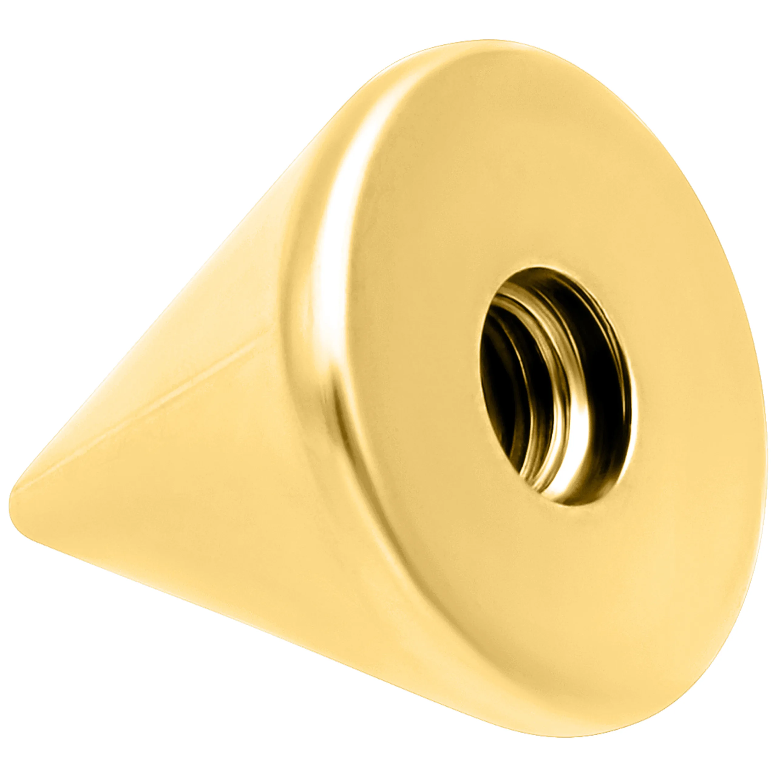 Konischer goldener Titan-Piercingaufsatz vor weißem Hintergrund