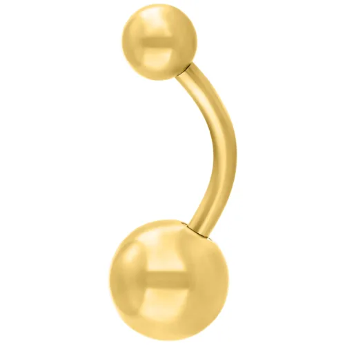 Goldenes Bauchnabelpiercing aus Titan auf weißem Hintergrund