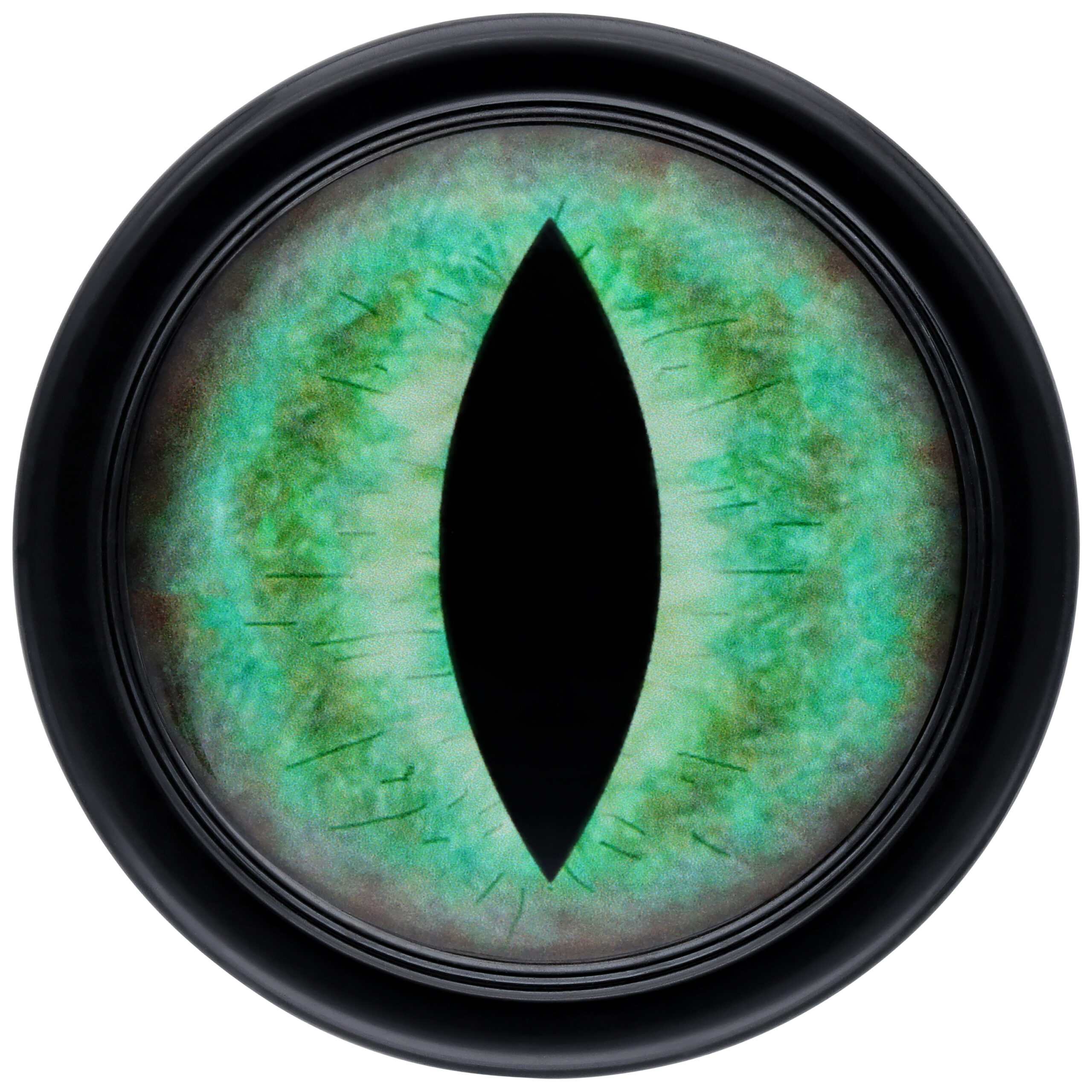 Runder Plug mit grünem Katzenaugen-Motiv auf schwarzem Hintergrund