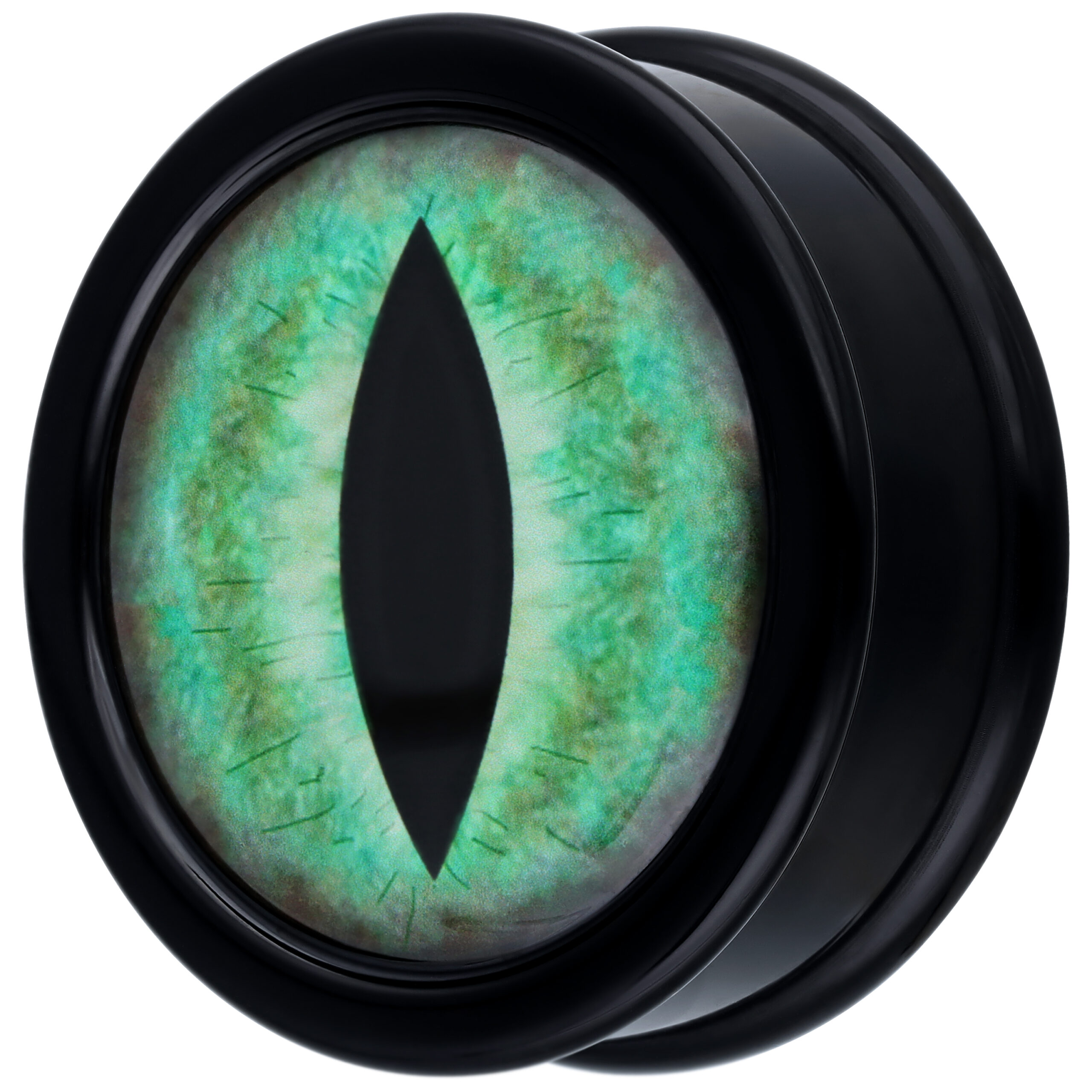 Schwarzer PMMA Plug mit grünem Katzenaugendesign auf weißem Hintergrund