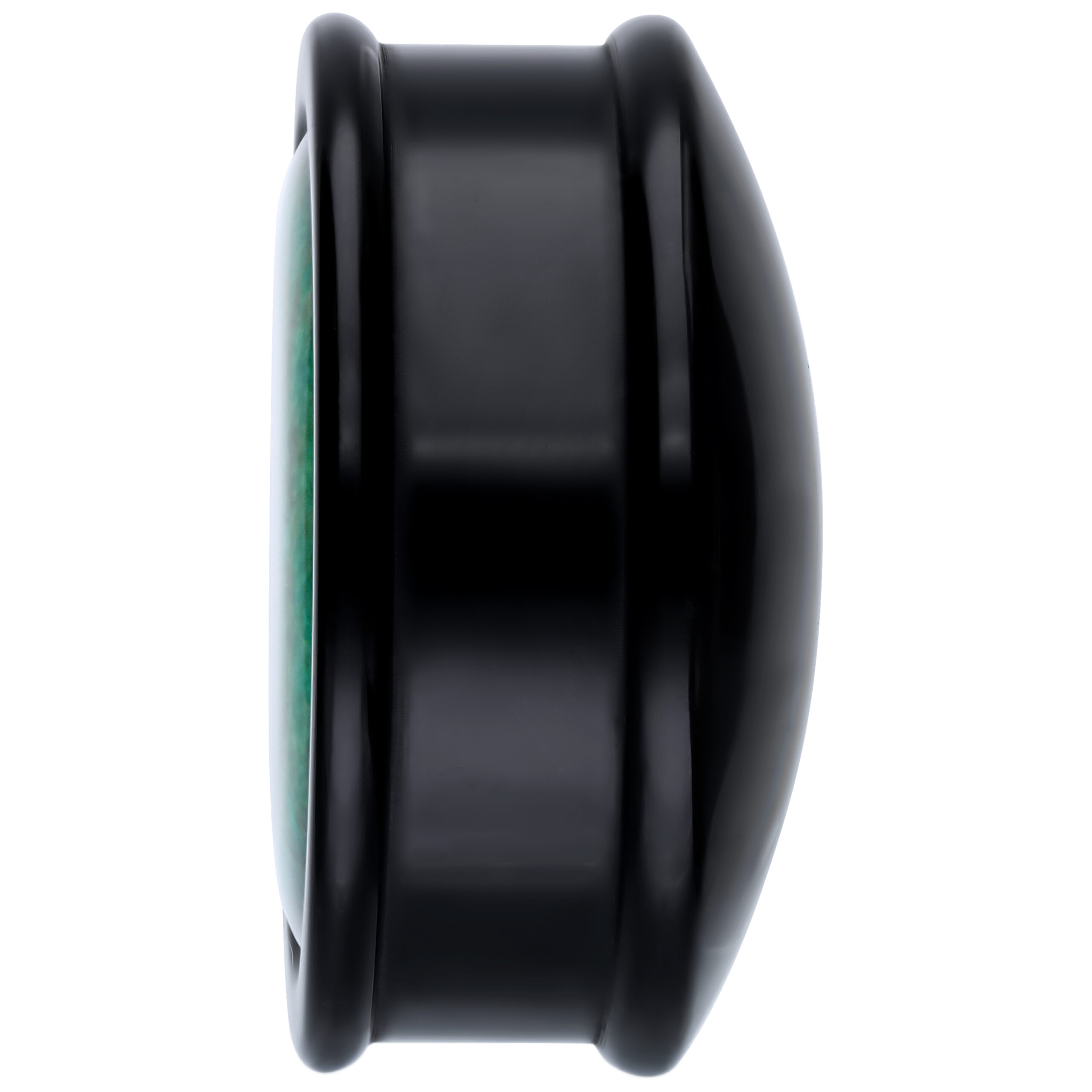 Schwarzer runder Plug aus PMMA in Seitenansicht auf weißem Hintergrund