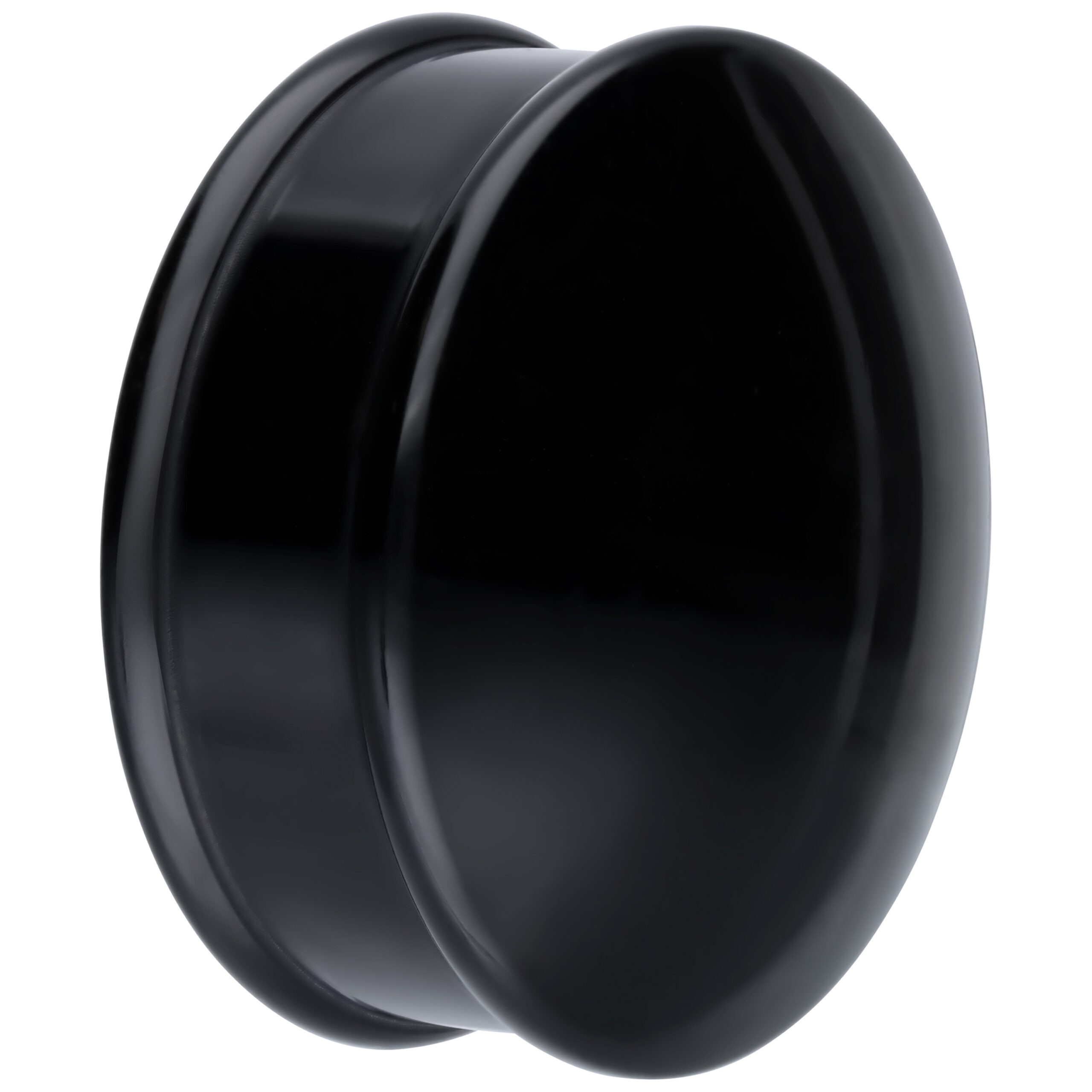 Schwarzer runder Plug aus PMMA auf weißem Hintergrund