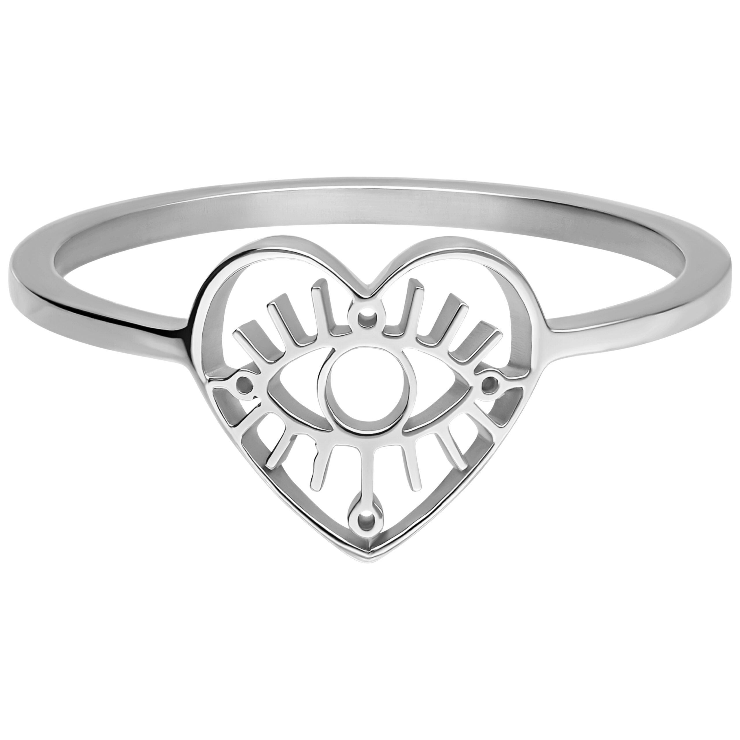 Silberner Ring in Herzform mit Auge-Motiv auf weißem Hintergrund
