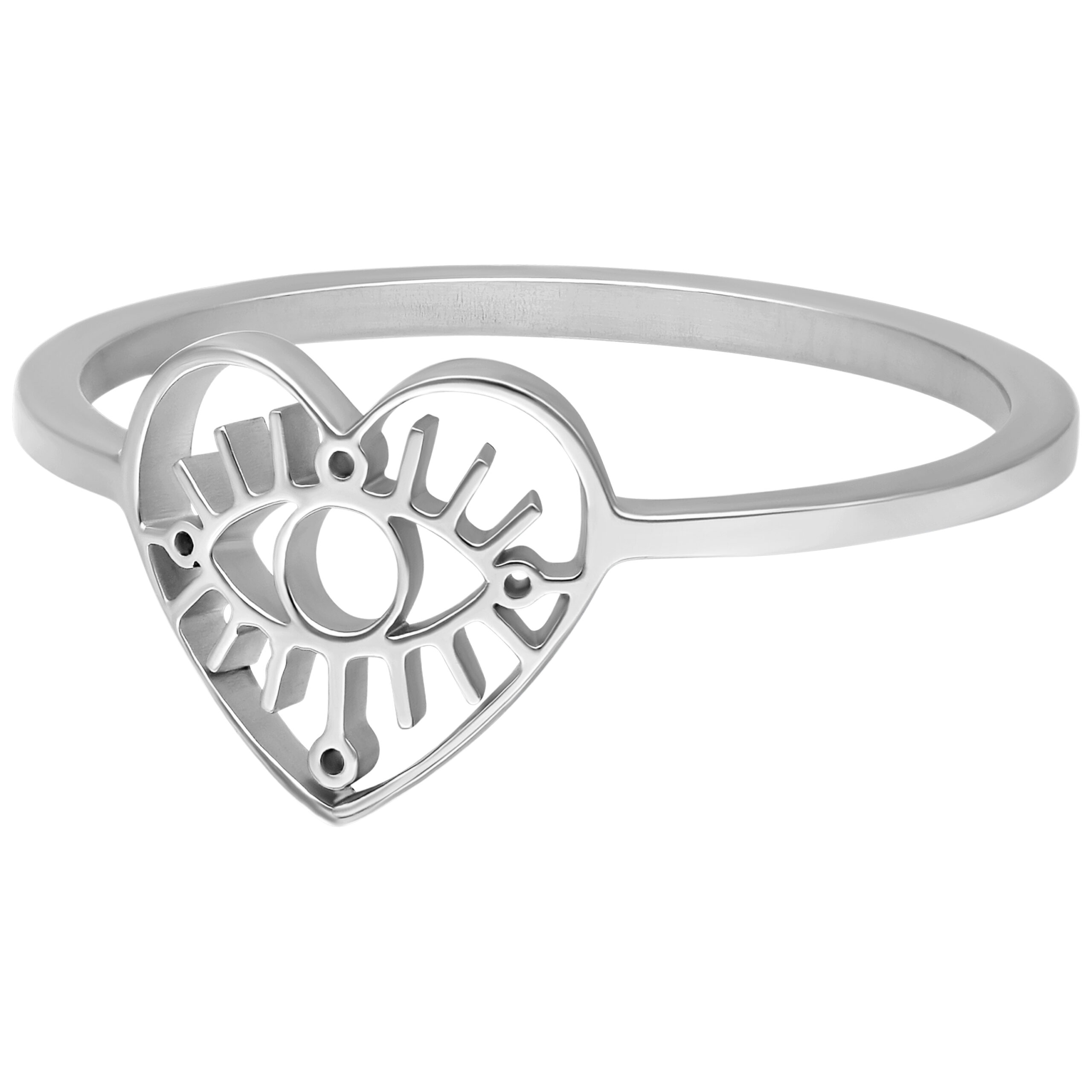 Silberner Eye Ring in Herzform aus Chirurgenstahl 316L auf weißem Hintergrund