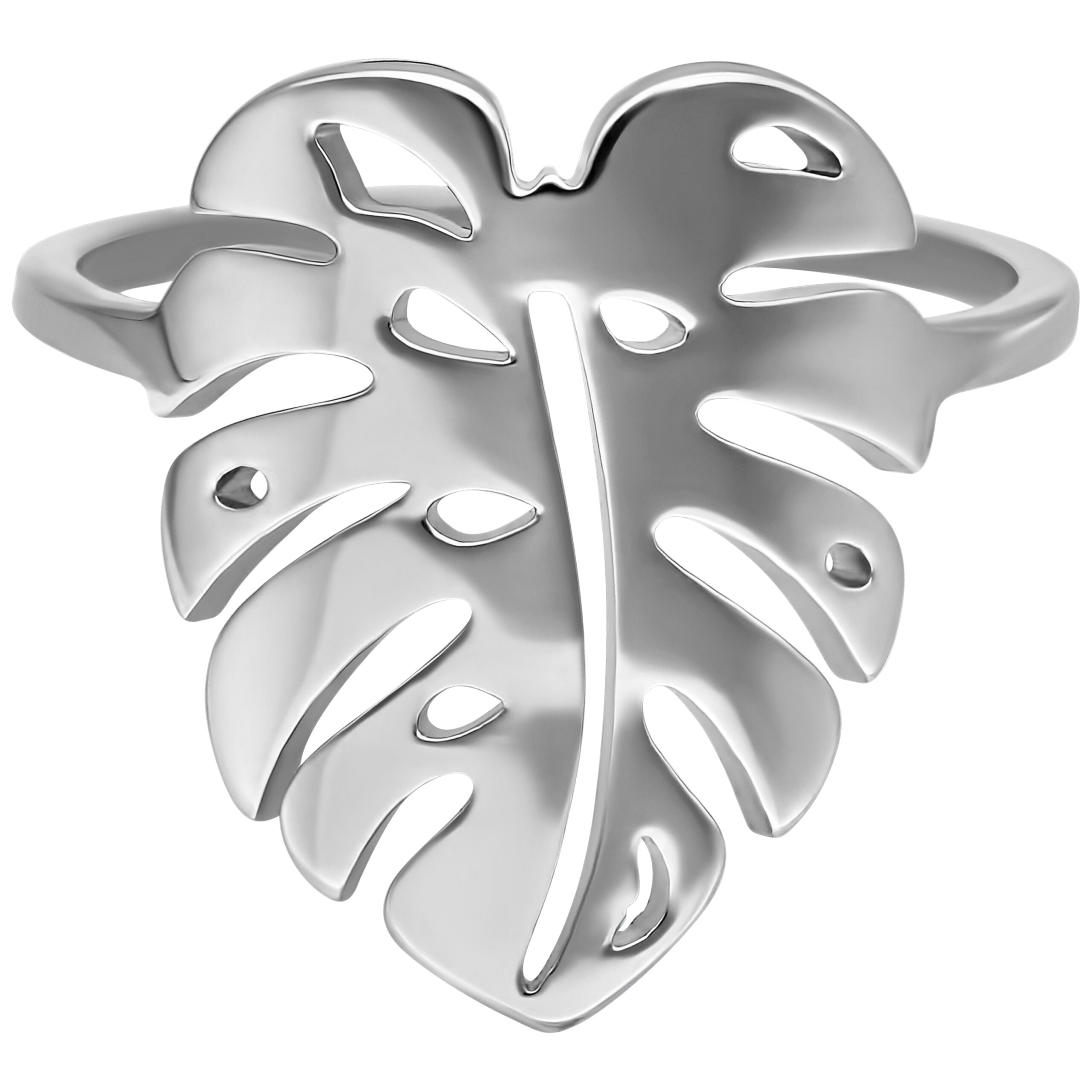 Glänzender silberner Fingerring in Form eines Monstera-Blattes vor weißem Hintergrund
