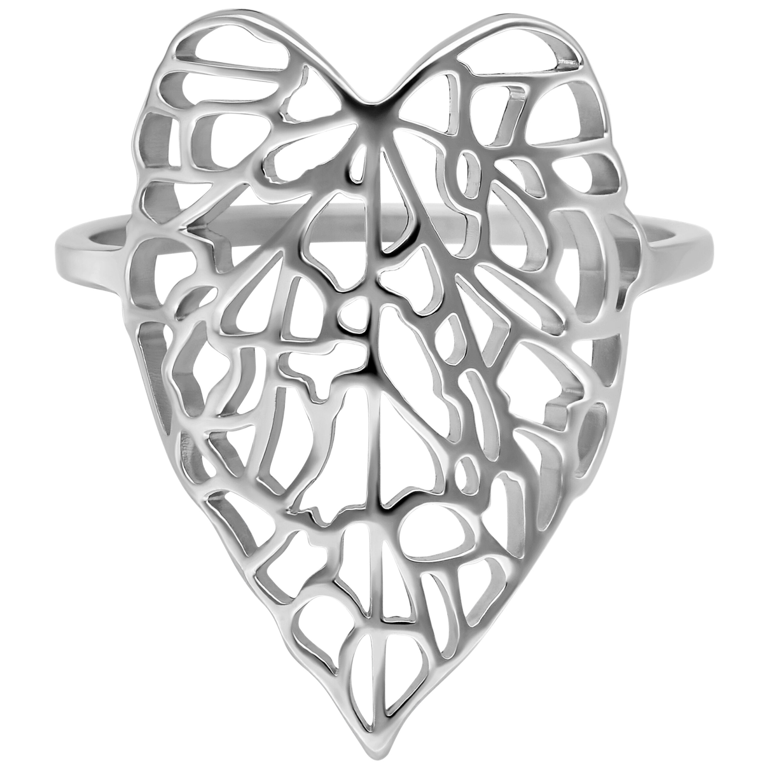 Silberner Ring in Form eines filigranen Blattes auf weißem Hintergrund