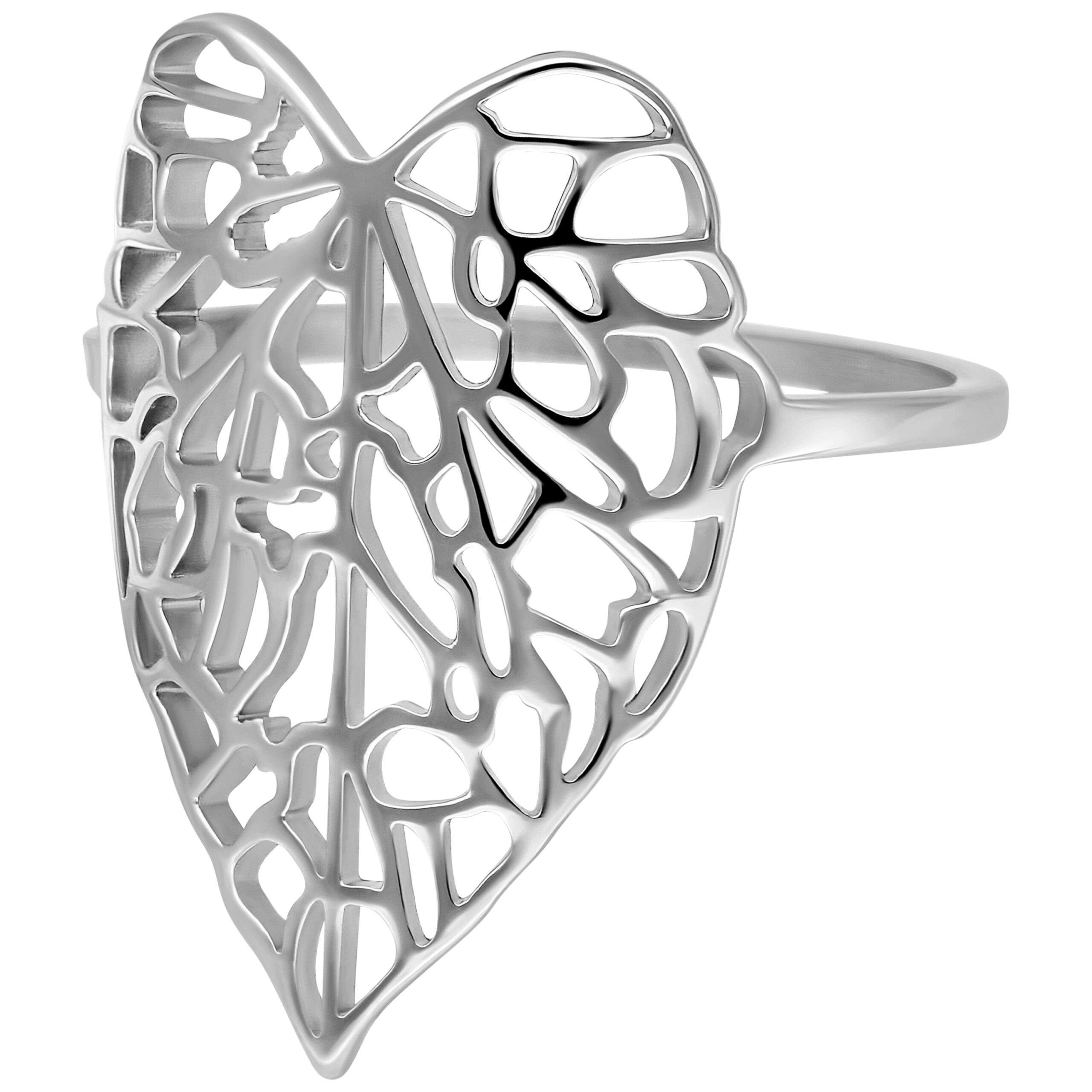 Silberner Ring in Blattform, Ringgröße 17,0 mm, auf weißem Hintergrund
