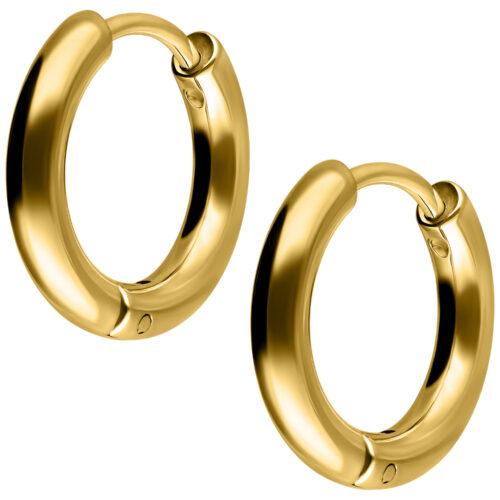 Paar goldene Creolen aus Chirurgenstahl, 10 mm Innendurchmesser, auf weißem Hintergrund