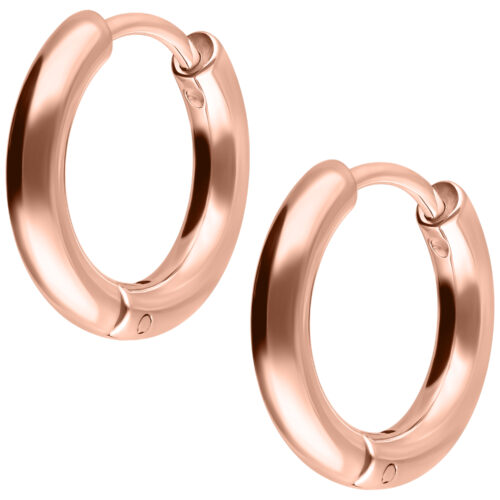 Zwei glänzende, roségoldene Creolen mit 10 mm Durchmesser auf weißem Hintergrund