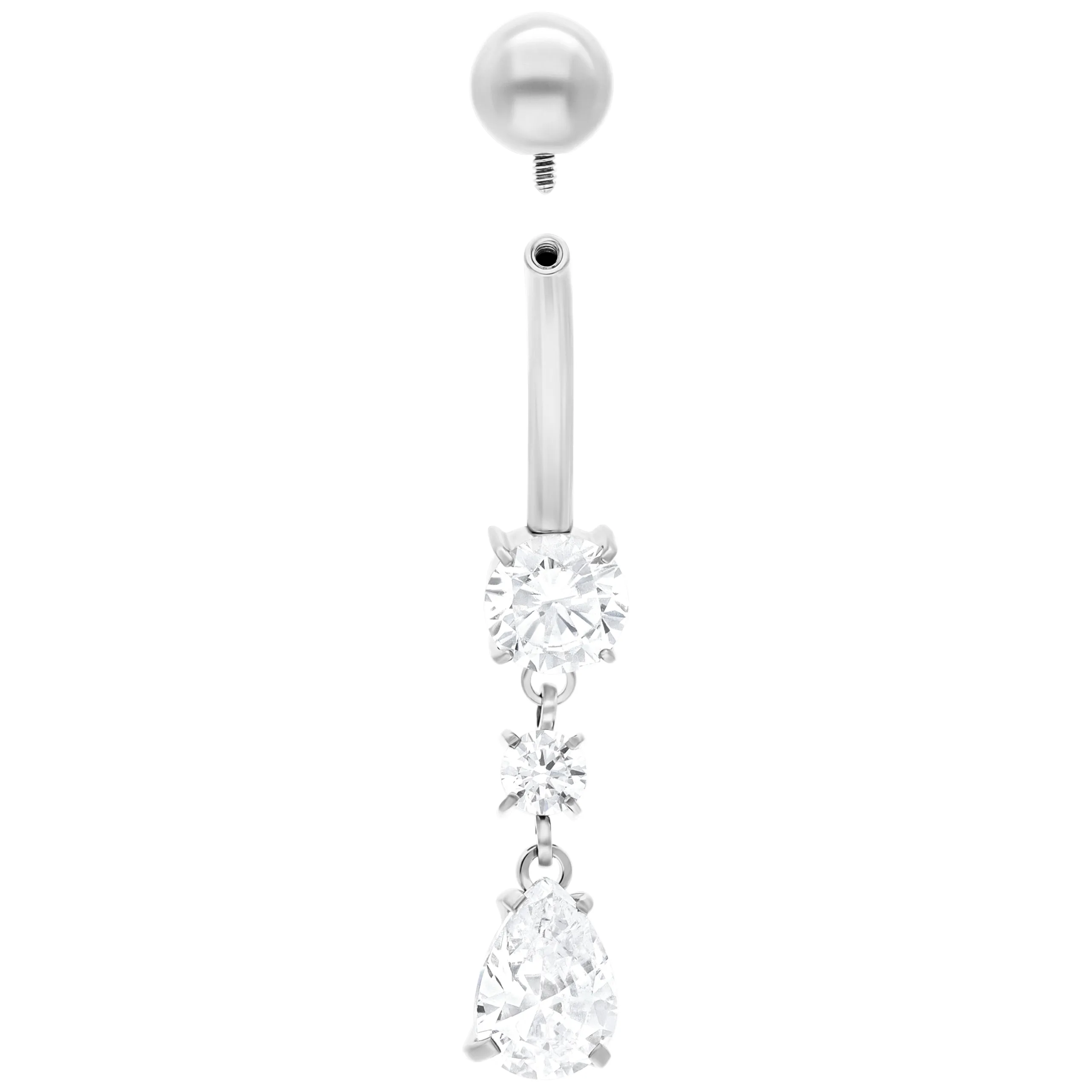 Bauchnabelpiercing mit Kristalltropfen, Titan Silbernes Bananabell Piercing mit klaren Kristalltropfen auf weißem Hintergrund