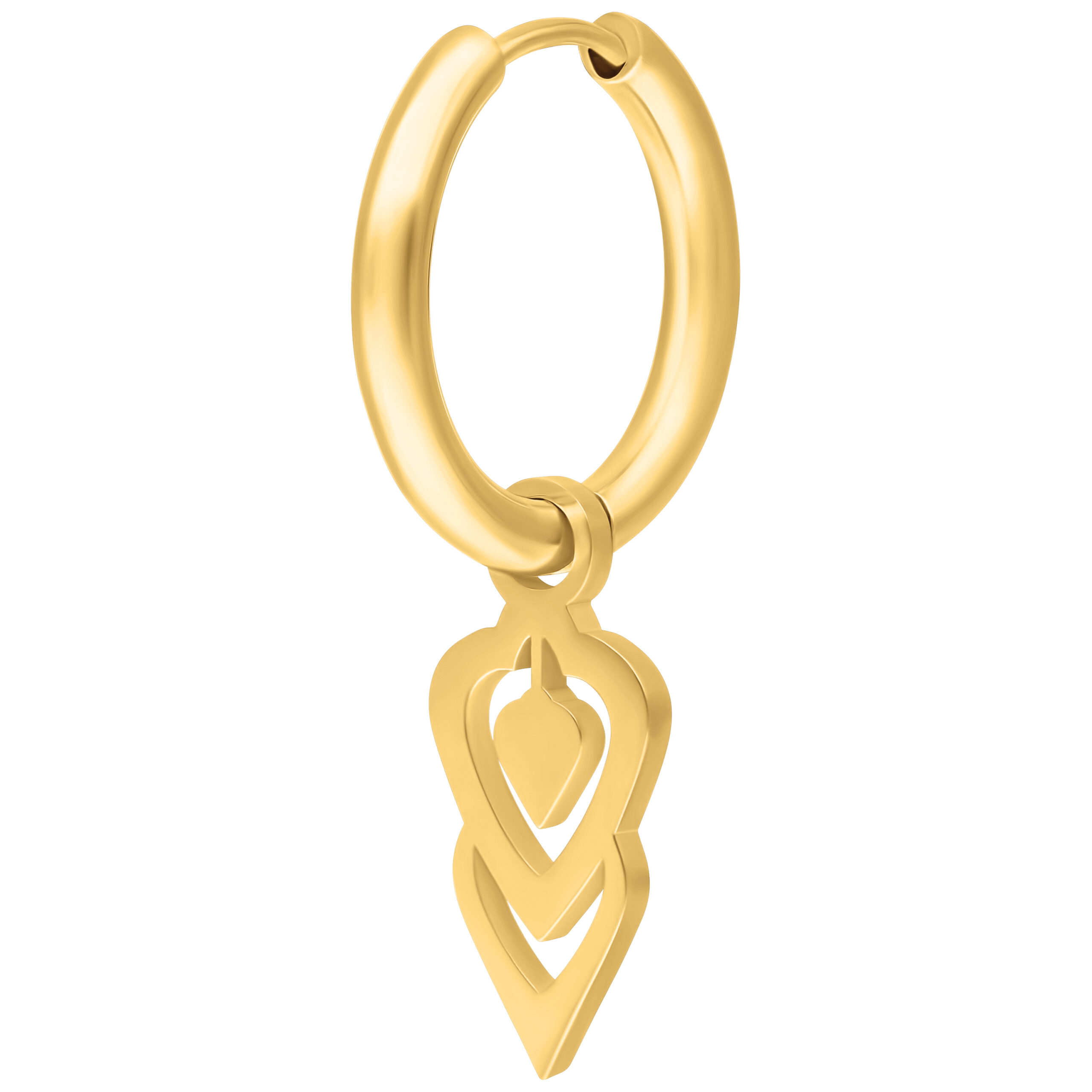 Goldene Creole mit doppeltem Herzanhänger auf weißem Hintergrund