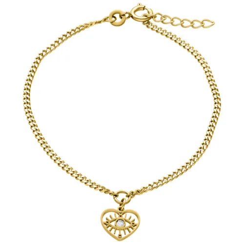 Goldenes Armband mit Herz und Auge Anhänger auf weißem Hintergrund