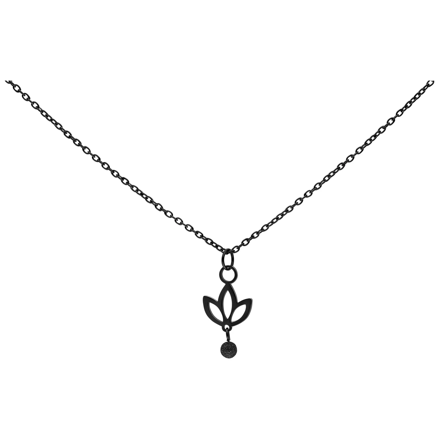 Schwarze Halskette mit hängendem Lilienanhänger auf weißem Hintergrund