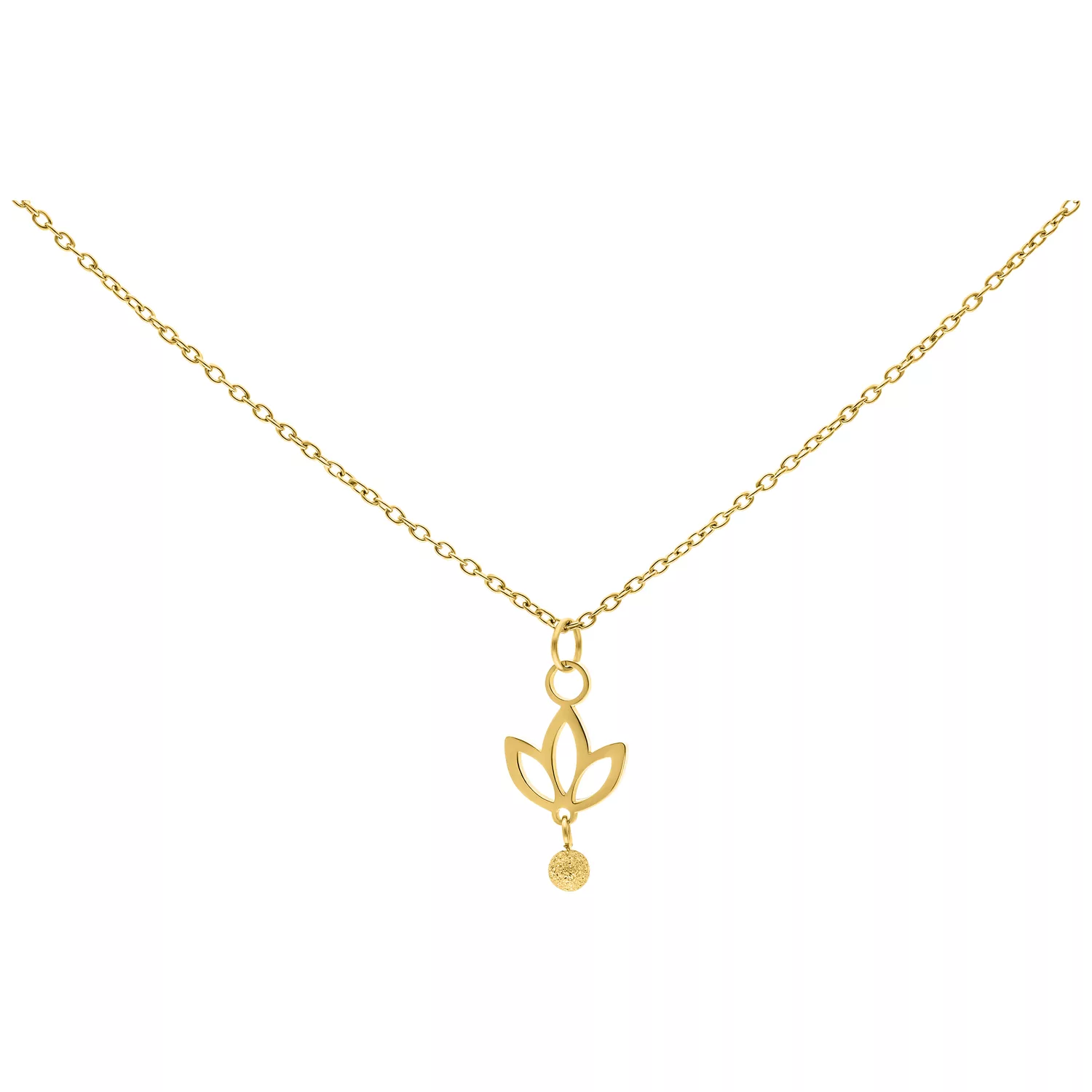 Goldene Kette mit hängendem Lilienanhänger auf weißem Hintergrund