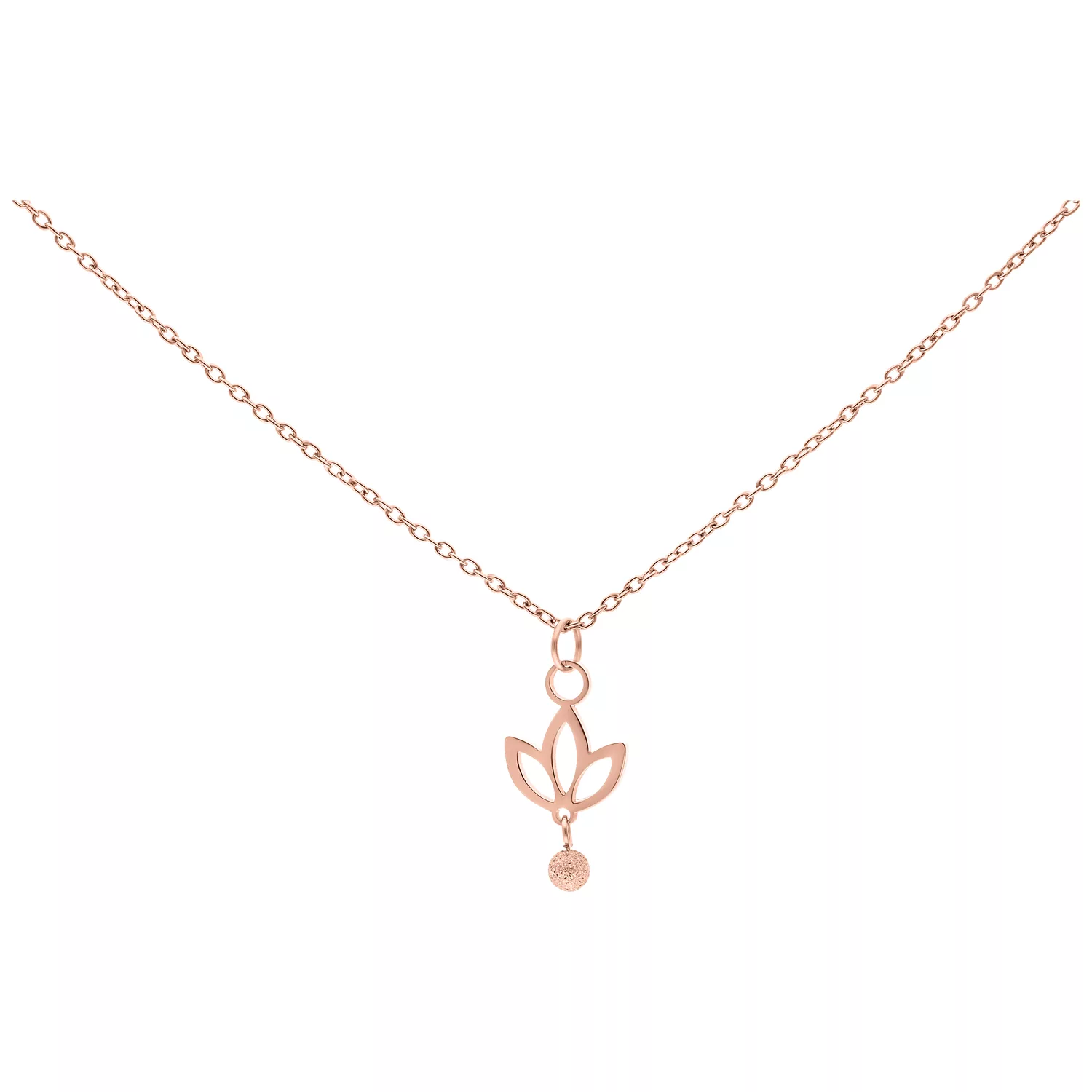 Roségoldene Kette mit hängendem Lilien-Anhänger auf weißem Hintergrund