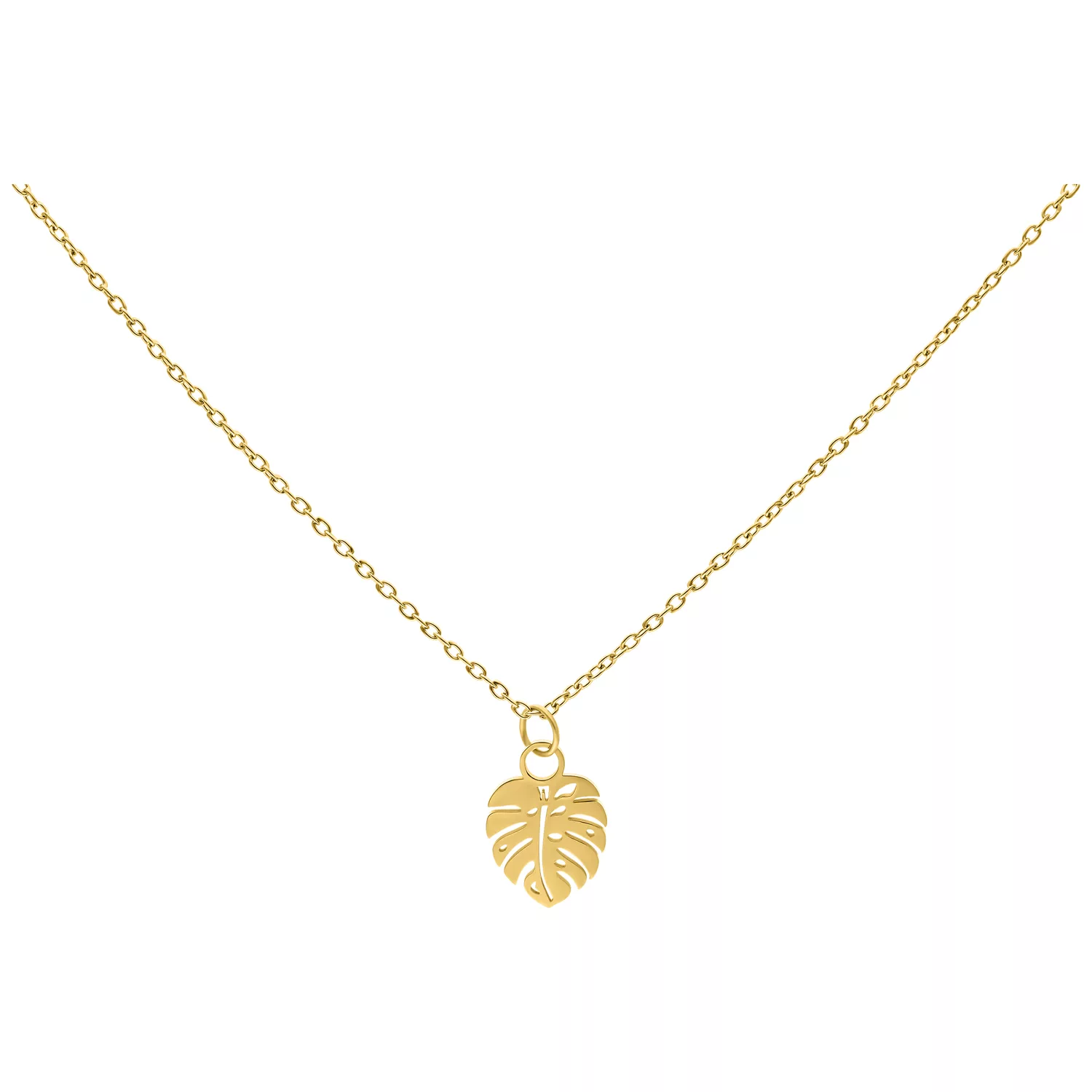 Goldene Monstera Leaf Kette aus Chirurgenstahl auf weißem Hintergrund