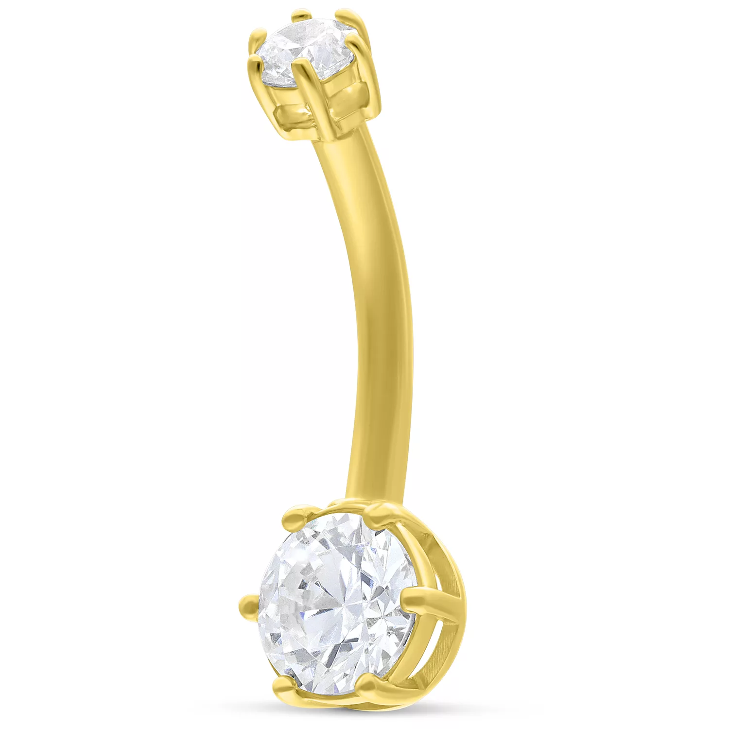 18K Gold Bananabell mit zwei kristallklaren Steinen auf weißem Hintergrund