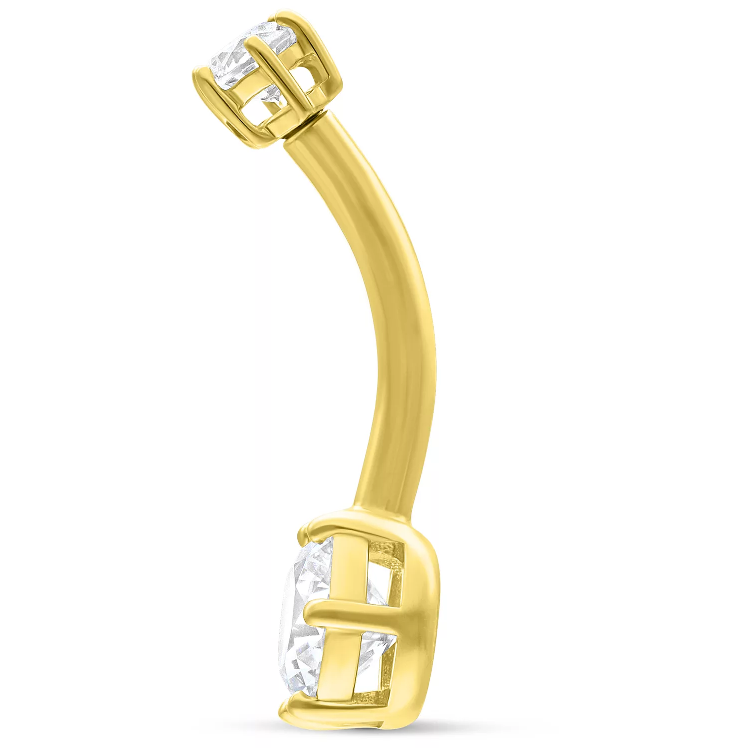 18K goldenes Bananabell mit zwei klaren Kristallen auf weißem Hintergrund