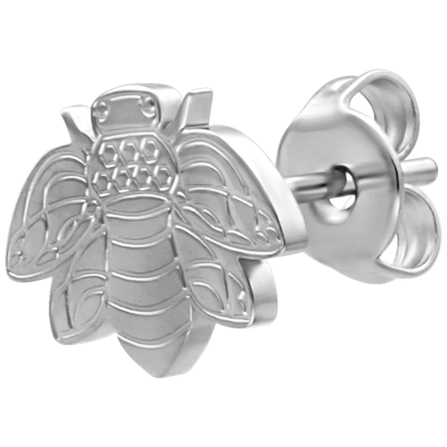 Silberner Ohrstecker in Form einer Biene auf weißem Hintergrund