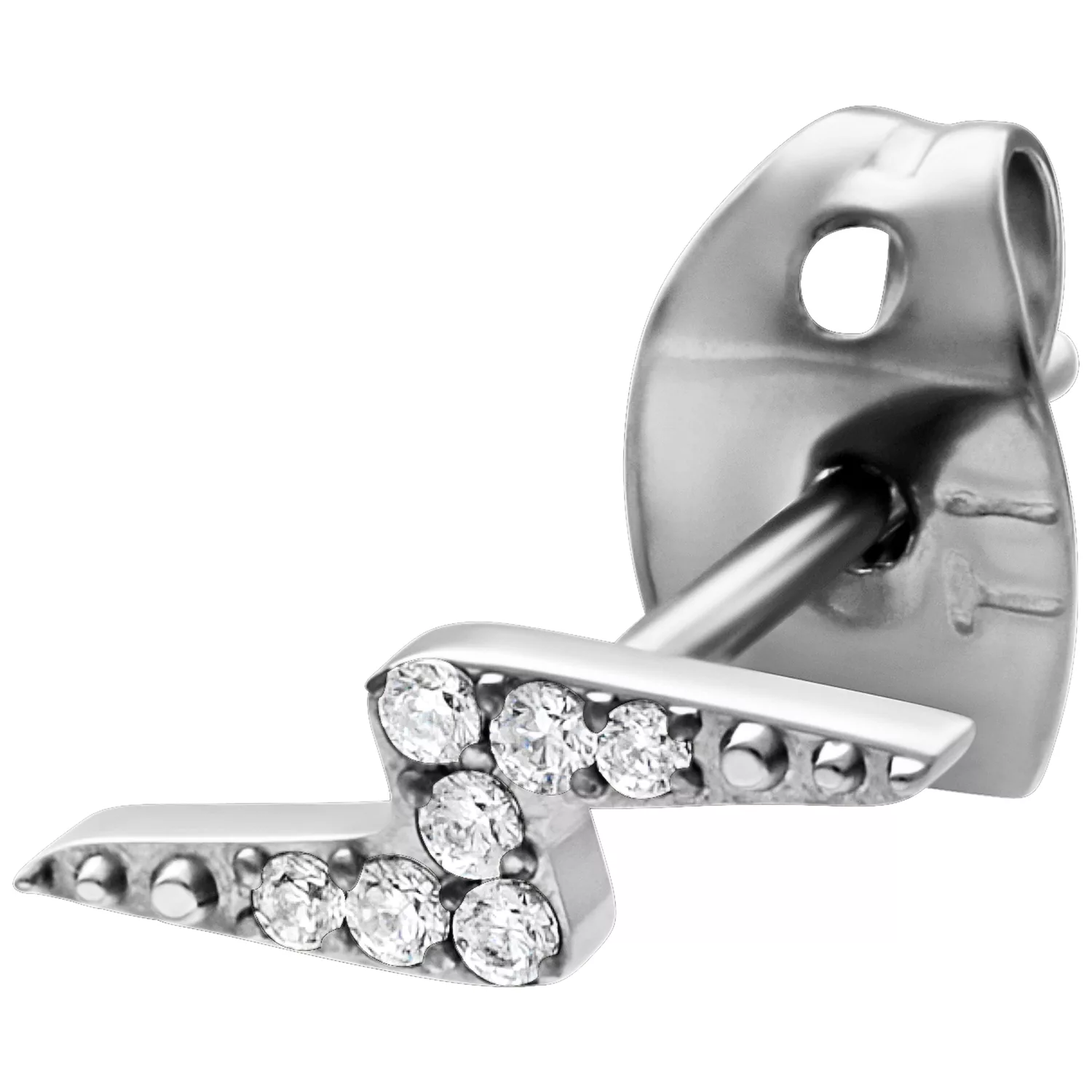 Silberne Ohrstecker in Blitzform mit Kristallsteinen auf weißem Hintergrund