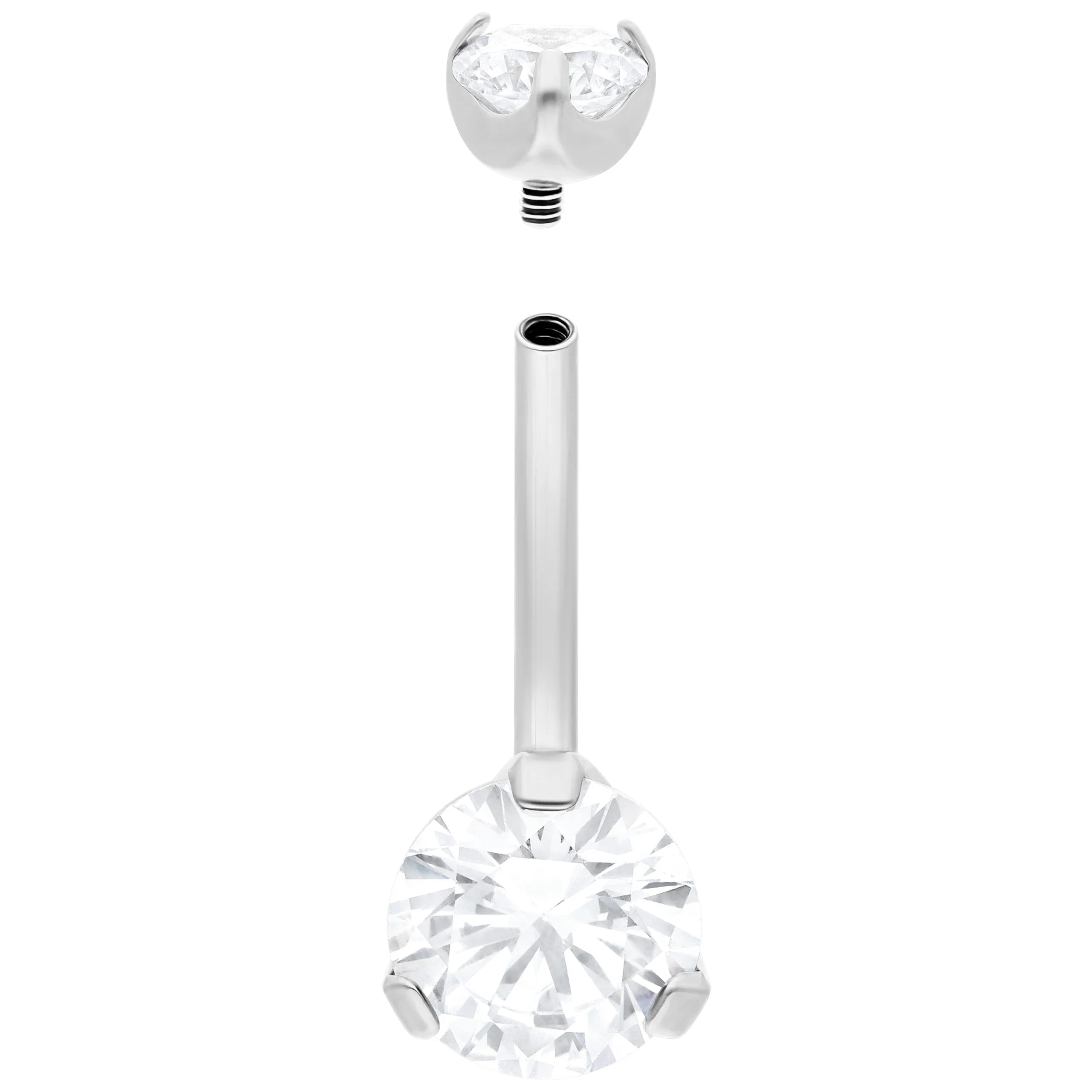 Silberfarbener Bananabell mit zwei klaren Kristallen auf weißem Hintergrund