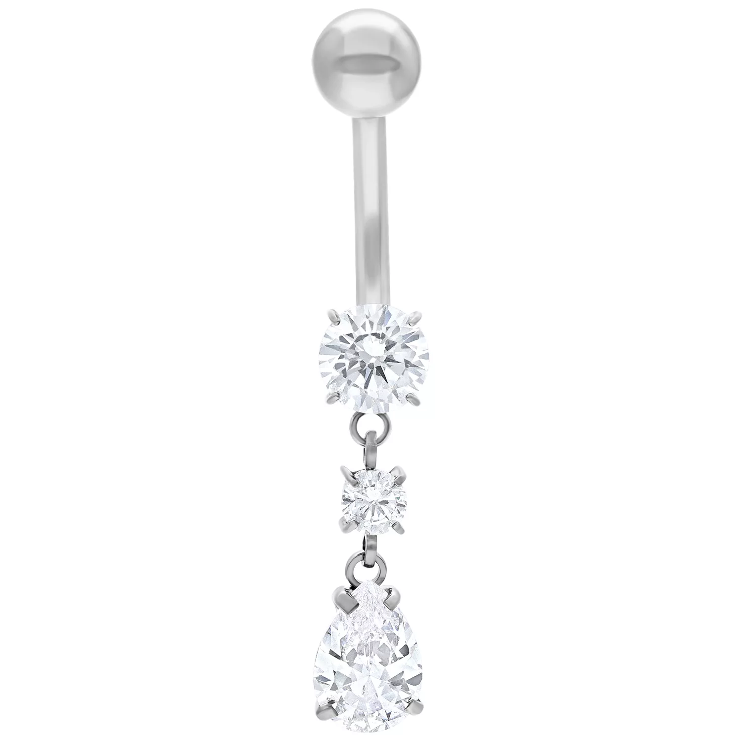 Silbernes Crystal Drop Bananabell mit Kristallen Silbernes Bananabell-Piercing mit drei klaren Kristallen auf weißem Hintergrund