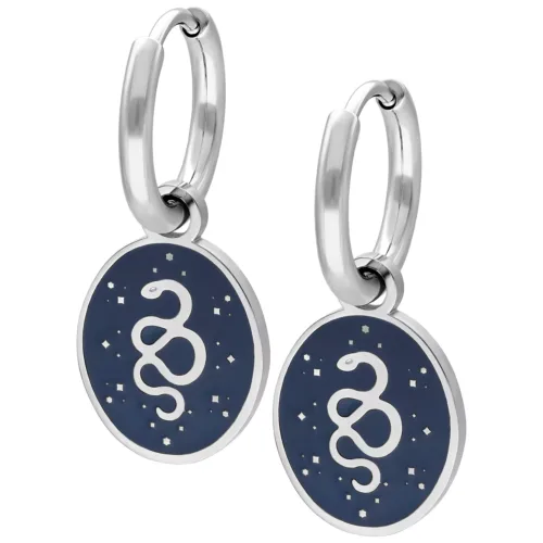 Silberne Ohrringe mit Schlangenmotiv auf blauem Hintergrund