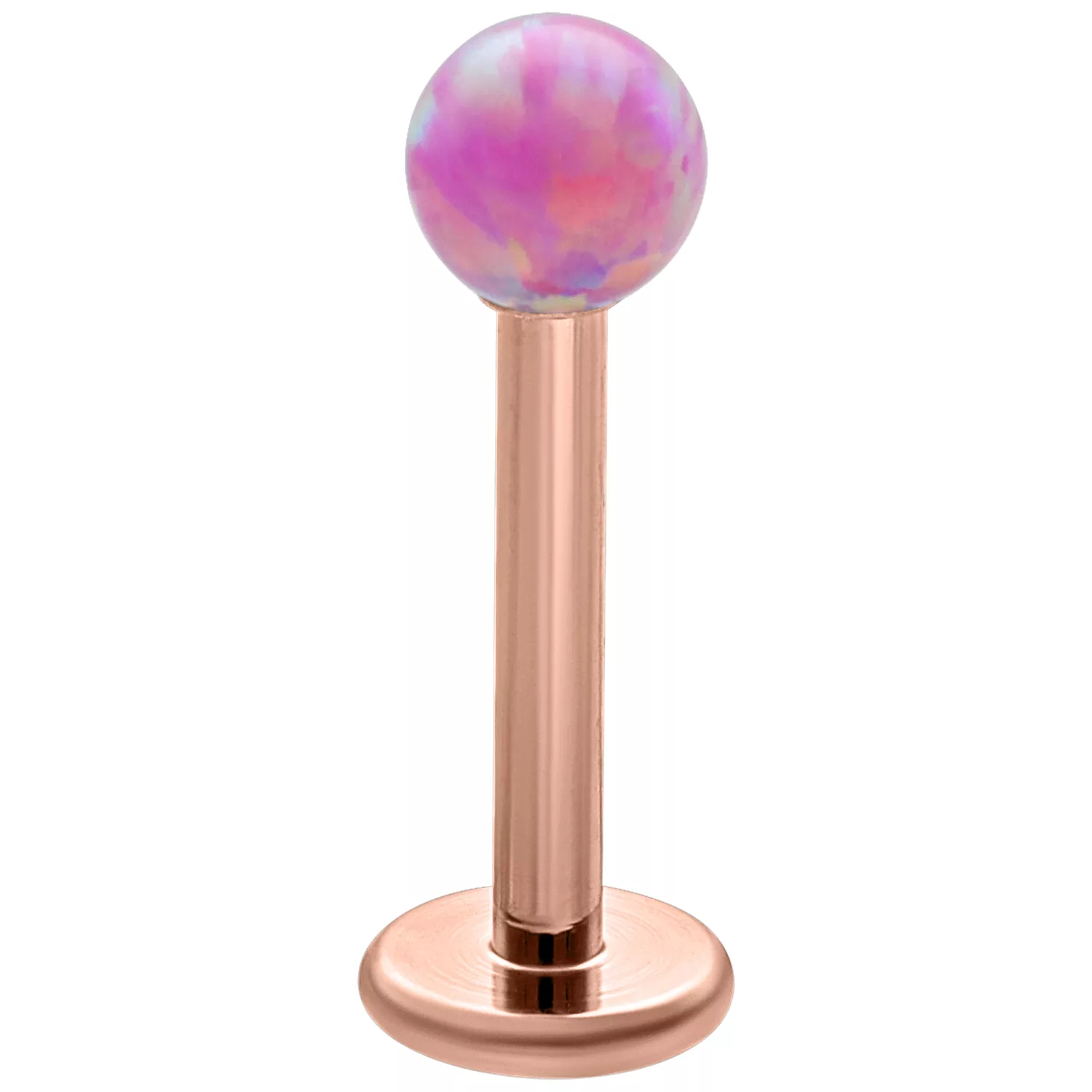 Roségoldenes Labret mit 5 mm Bubble Gum Opal Kugel auf weißem Hintergrund