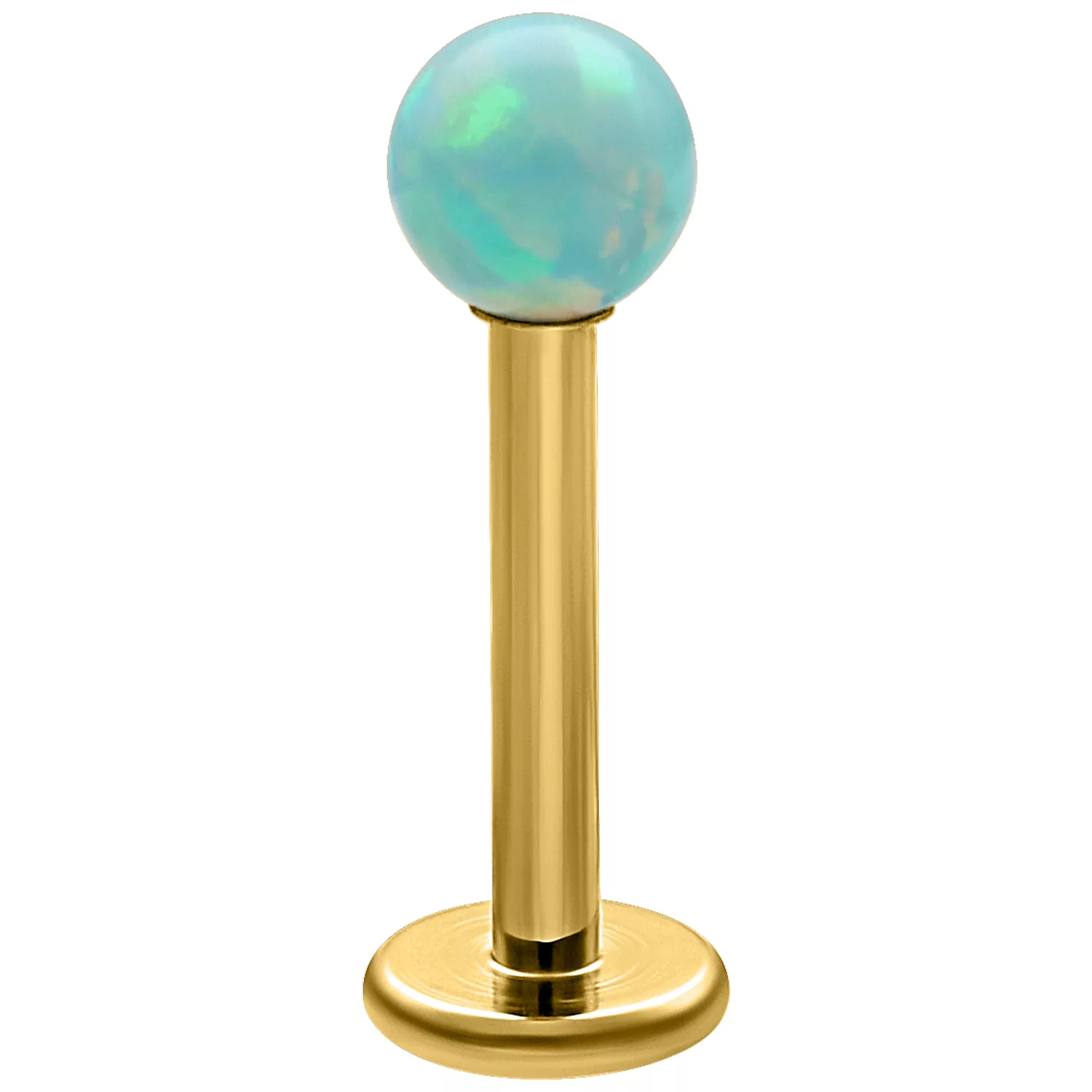 Mintgrüner Opal Ball auf goldenem Labret, 5 mm Länge, vor weißem Hintergrund