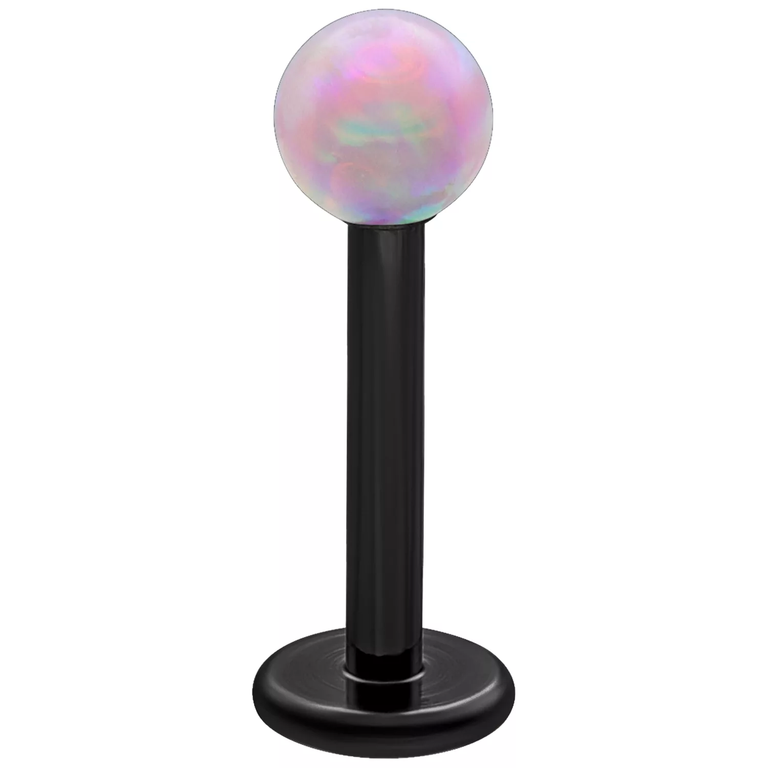 Rosa synthetischer Opal Labret mit schwarzem Titanstab auf weißem Hintergrund