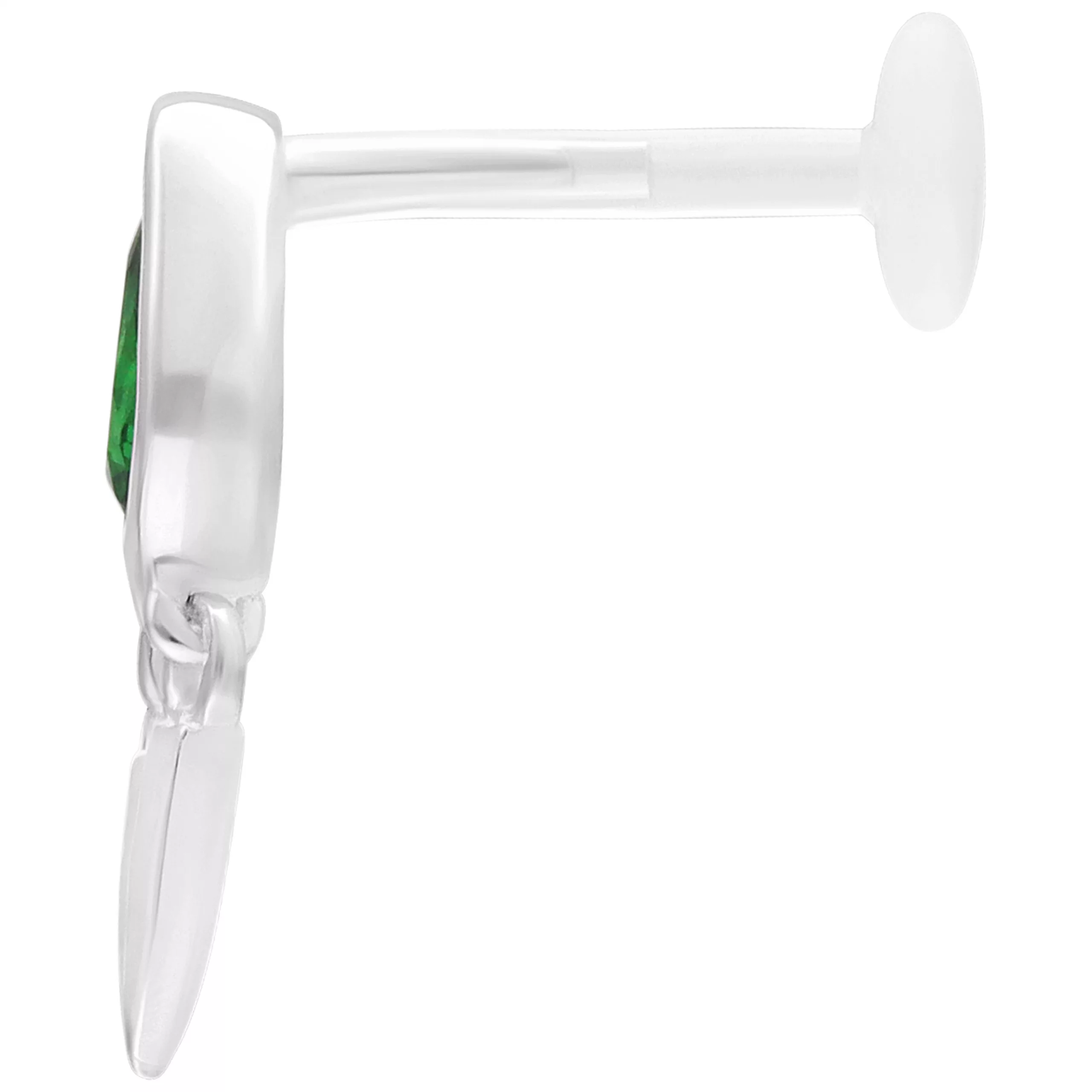Silbernes Push Fit Labret mit grünem Smaragd, 5mm Länge, seitliche Ansicht