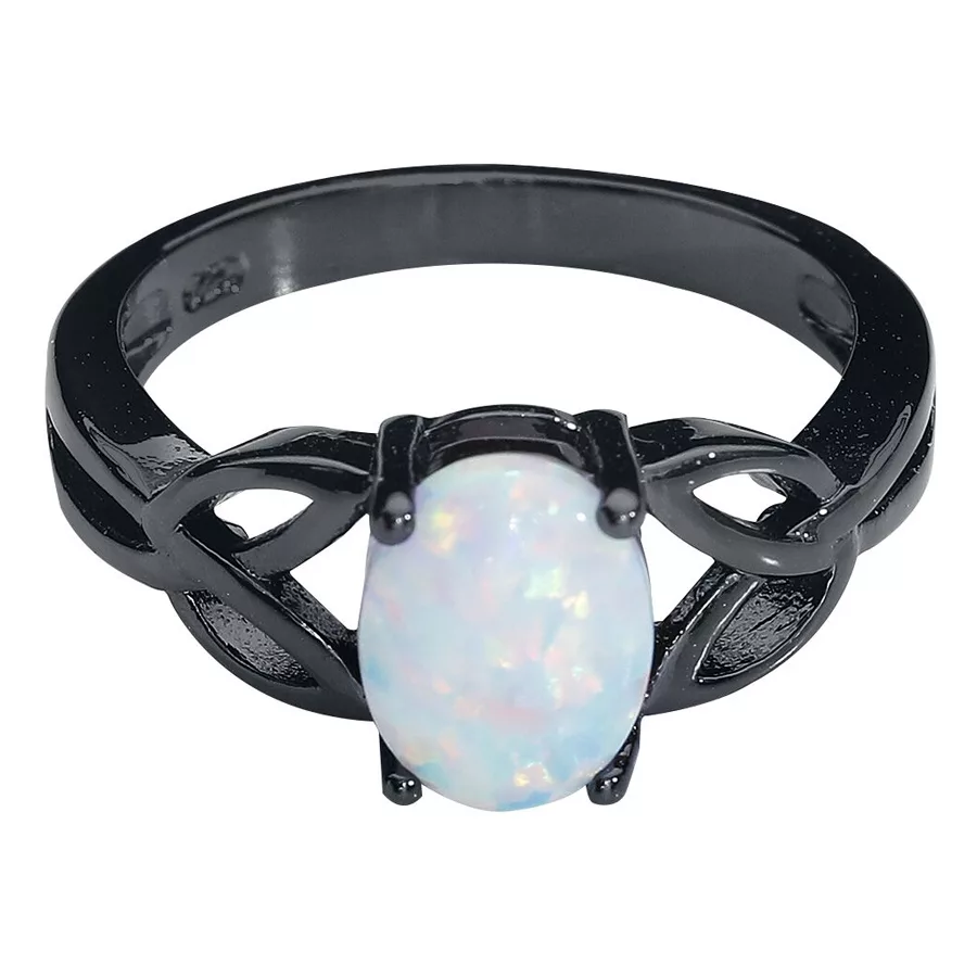 Schwarzer Ring aus Chirurgenstahl mit weißem Opal auf neutralem Hintergrund