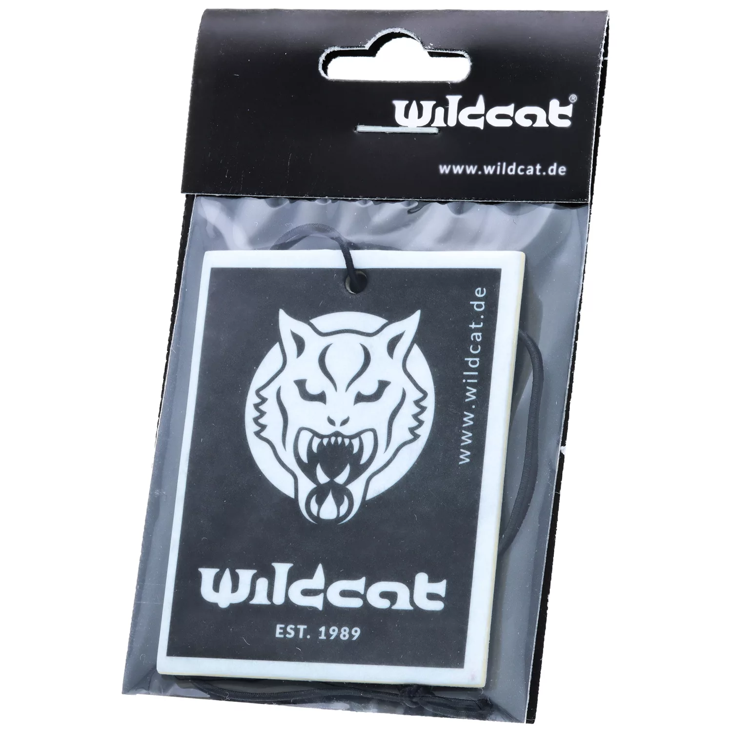 Schwarzer Wildcat Lufterfrischer mit Wolf-Logo, verpackt in Klarsichtfolie