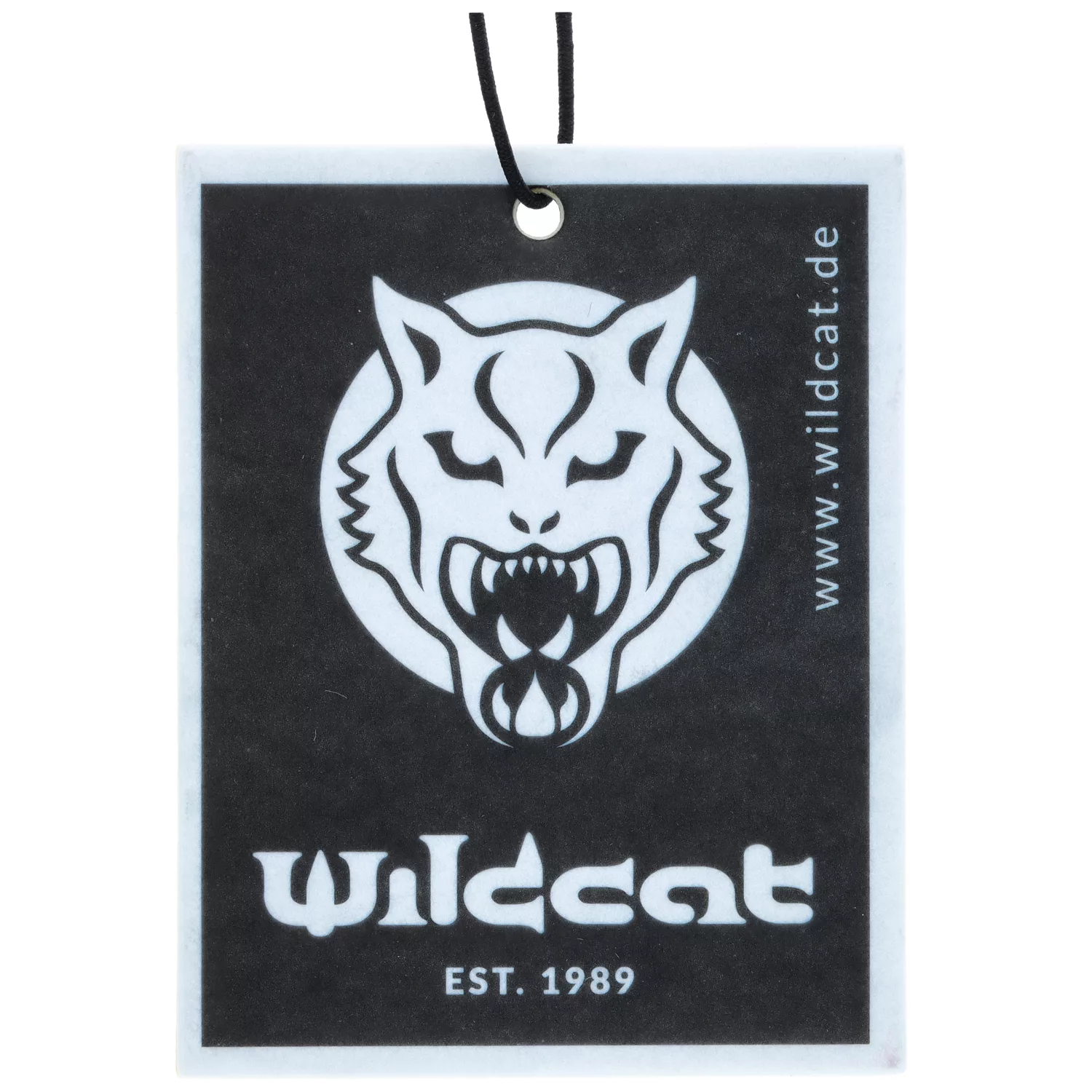 Rechteckiger Wildcat Autoduft mit schwarzem Wildkatzen-Logo auf weißem Hintergrund