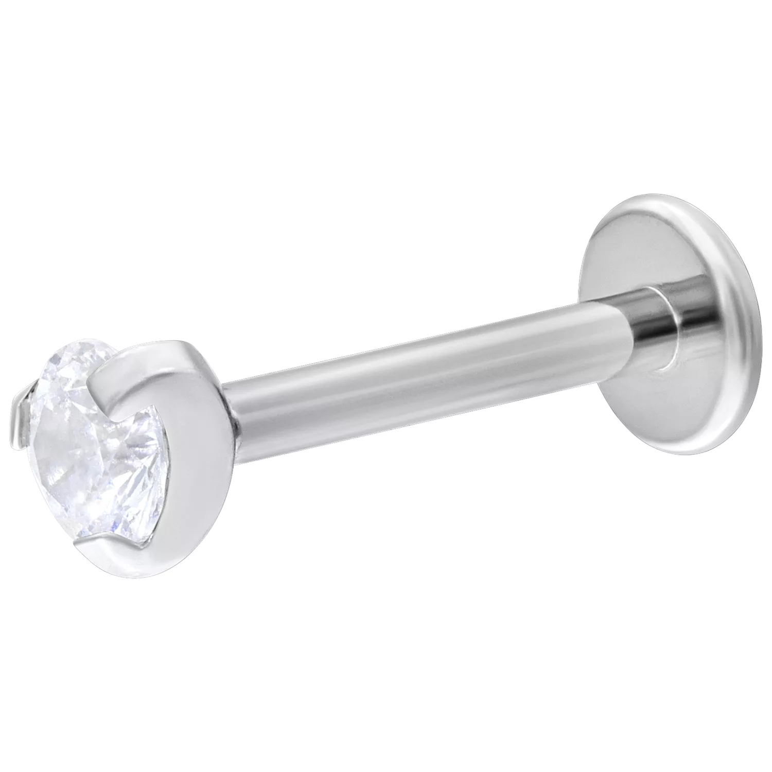 Weißgold Single Crystal Push-Fit Labret, 6 mm Länge, 3 mm Kristall, auf weißem Hintergrund