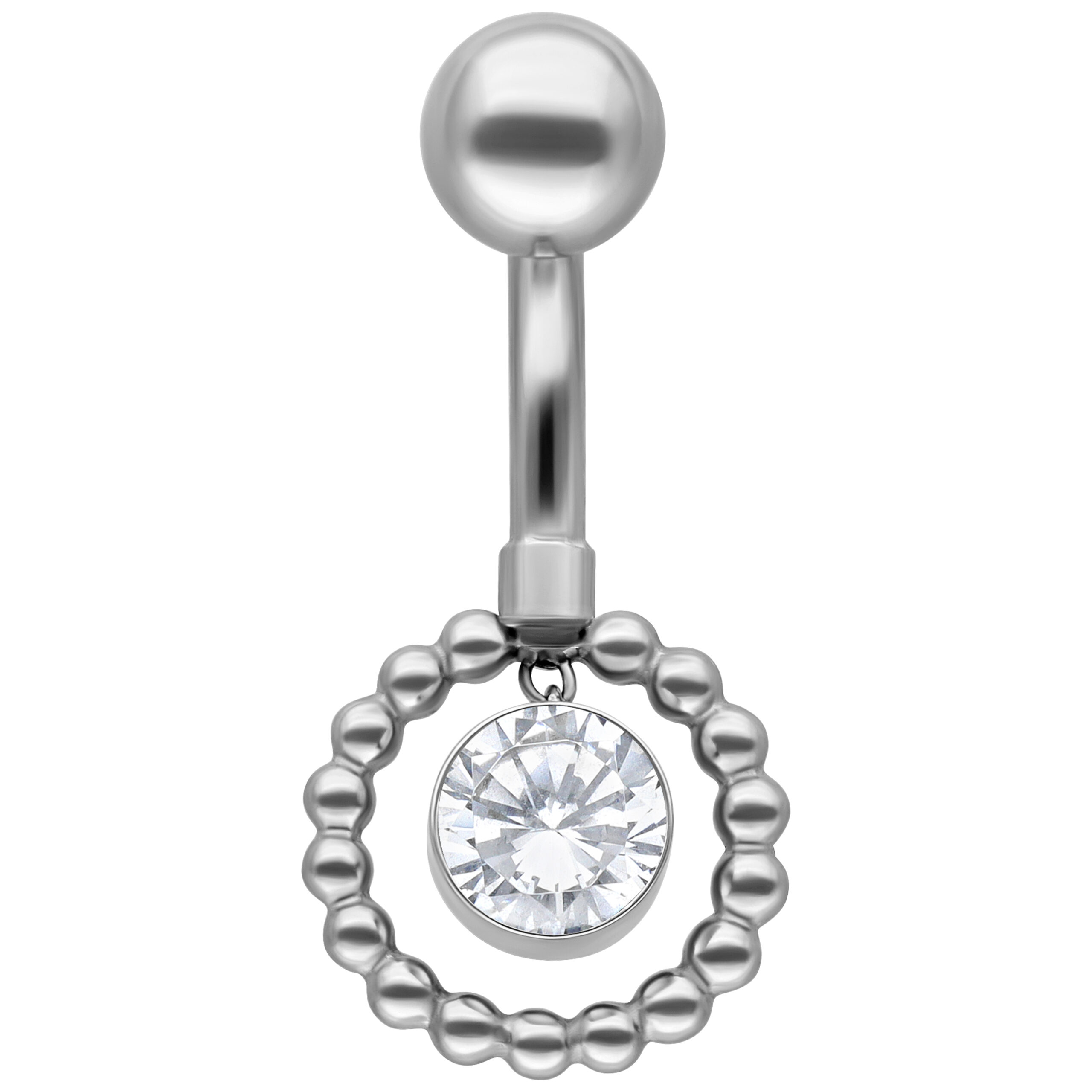 Silbernes Bananabell mit Kristall und Perlenring Silbernes Bauchnabelpiercing mit Kristall und Perlenring auf weißem Hintergrund
