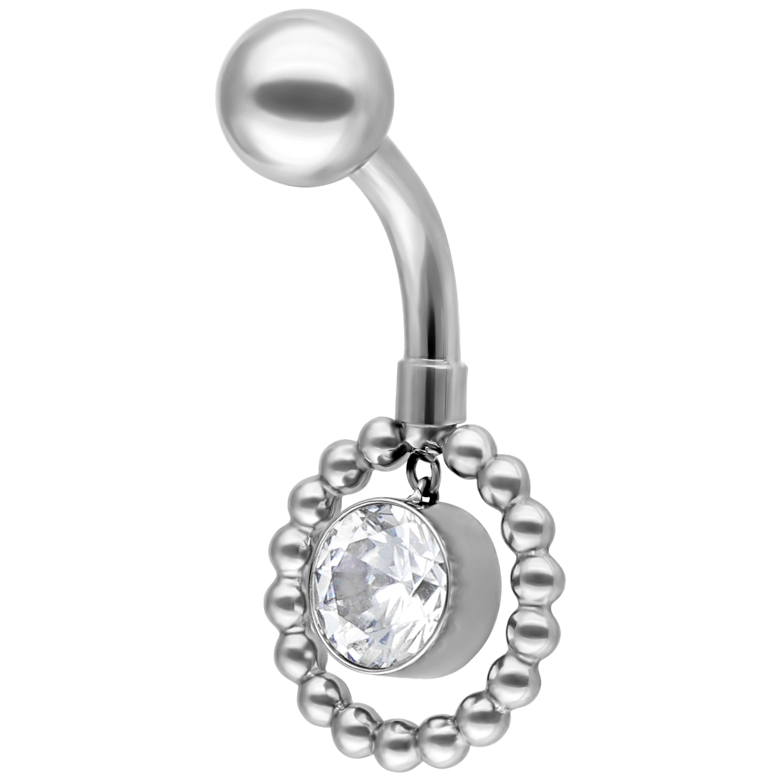 Bubble Circle Bananabel 10mm Kristallklar Silber Silbernes Bananabel mit kristallklarem Stein und Perlenkreis auf weißem Hintergrund