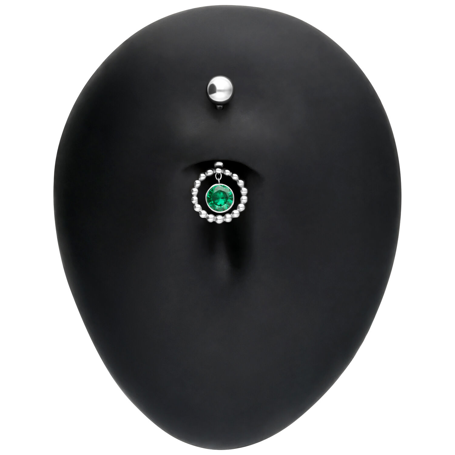Bubble Circle Bananabel in Smaragdgrün Silbernes Bauchnabelpiercing mit smaragdgrünem Kristall auf schwarzem Hintergrund