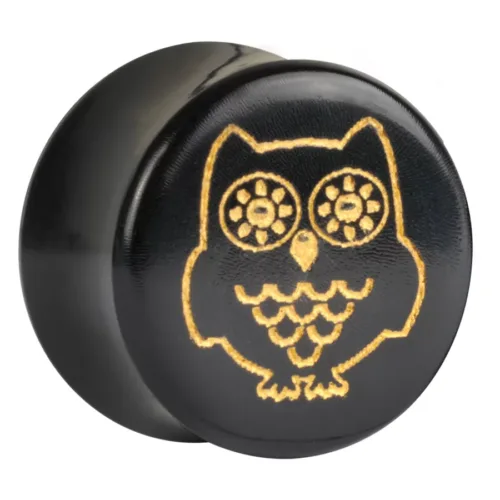 Schwarzer Plug aus Horn mit goldener Eulen-Gravur, Größe 26 mm