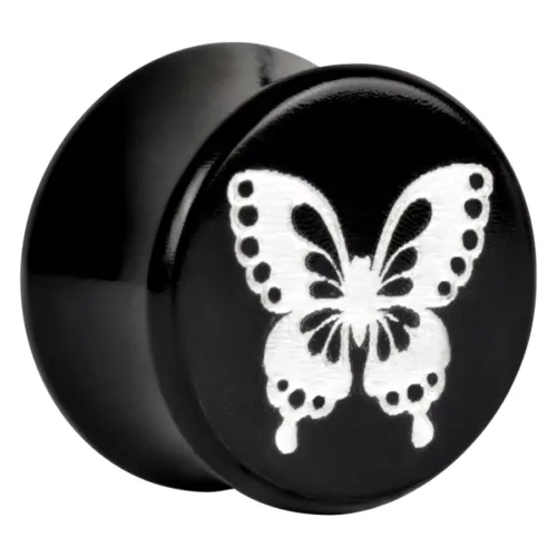 Schwarzer Plug mit weißem Schmetterlingsmotiv, Platinfarbe, 12 mm