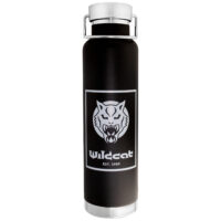 Schwarze Vakuum Isolierflasche mit Wildcat Logo auf weißem Hintergrund
