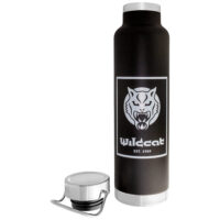 Schwarze Vakuum Isolierflasche mit Wildcat Logo auf weißem Hintergrund