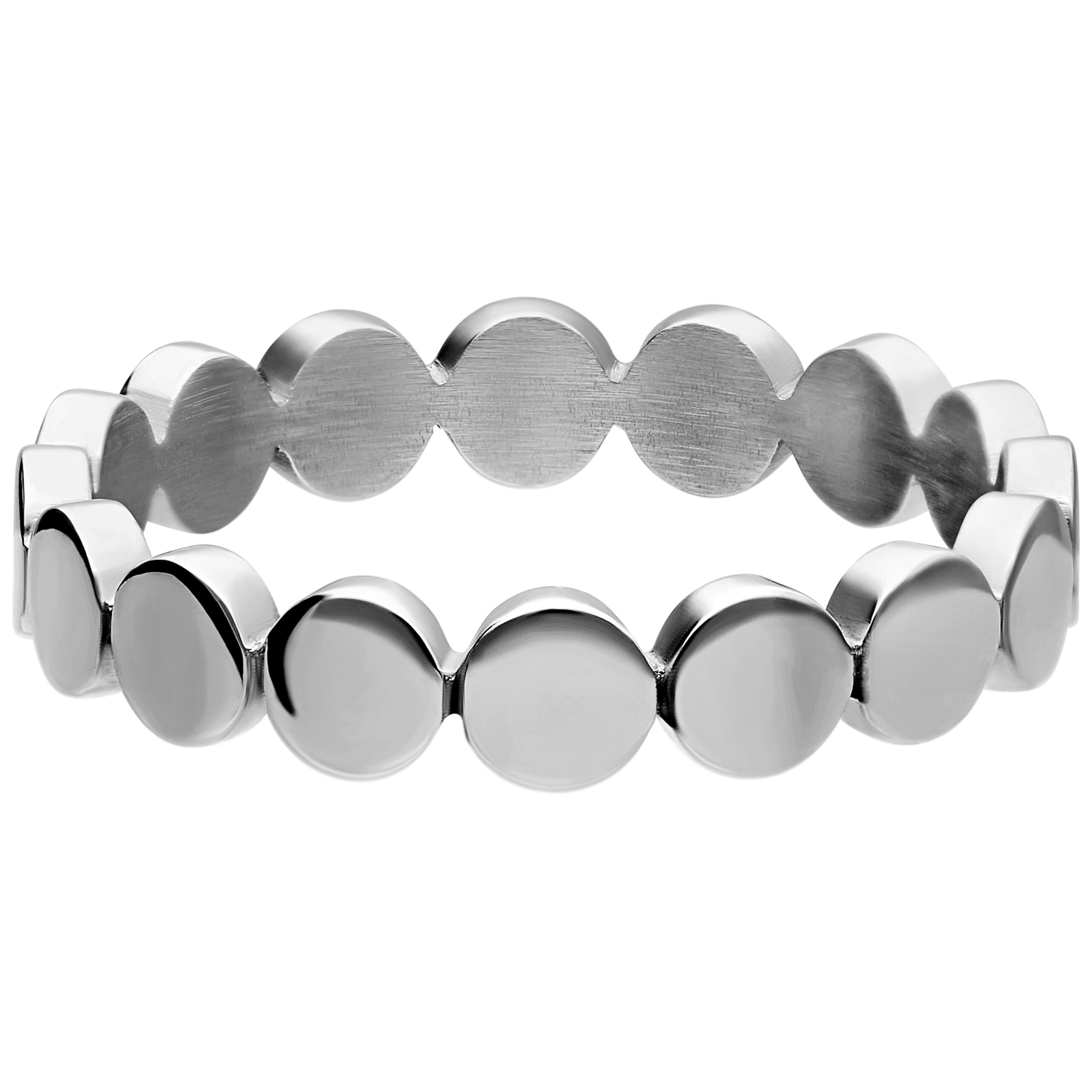 Silberring aus Chirurgenstahl mit runden Plättchen auf weißem Hintergrund