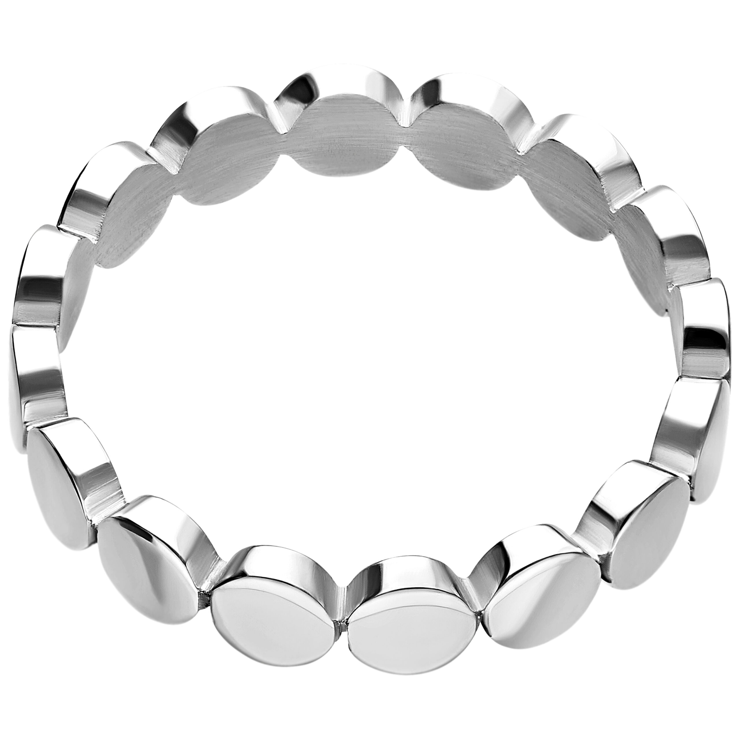 Silberner Ring aus Chirurgenstahl mit runden Platten auf weißem Hintergrund