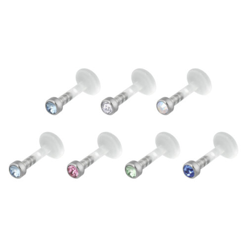 Sechs Push-Fit Labrets mit Kristallen in verschiedenen Farben auf weißem Hintergrund