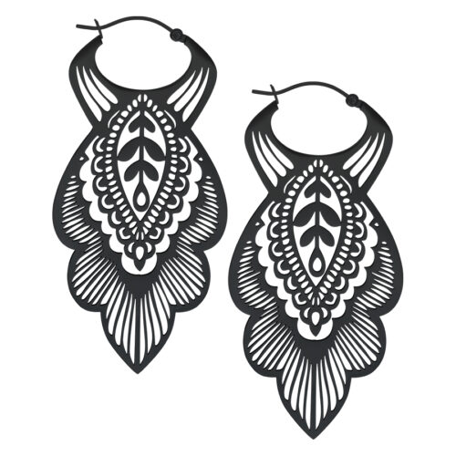 Mandala Leaf Hoops - Black Metal