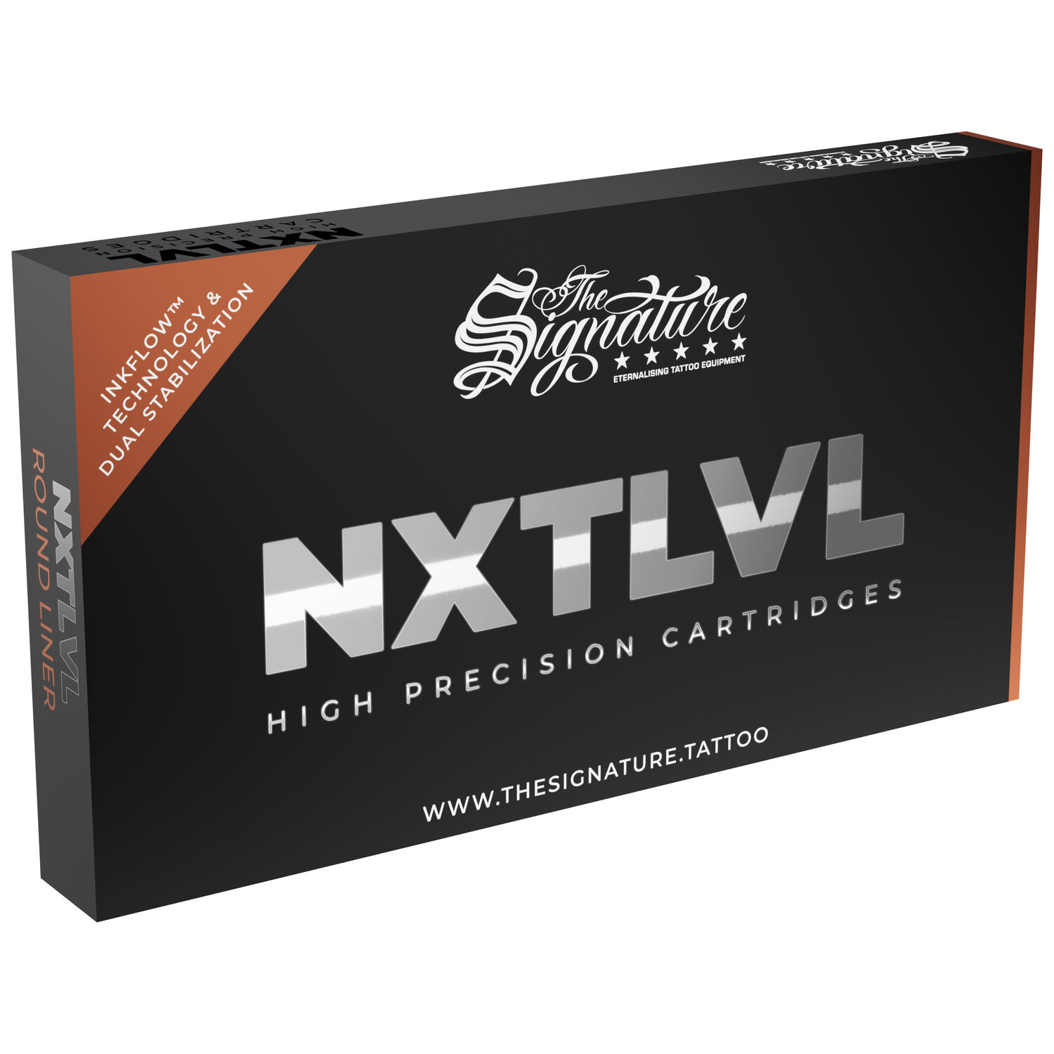 Schwarze Box mit silbernem NXT-LVL Logo, The Signature Aufschrift.