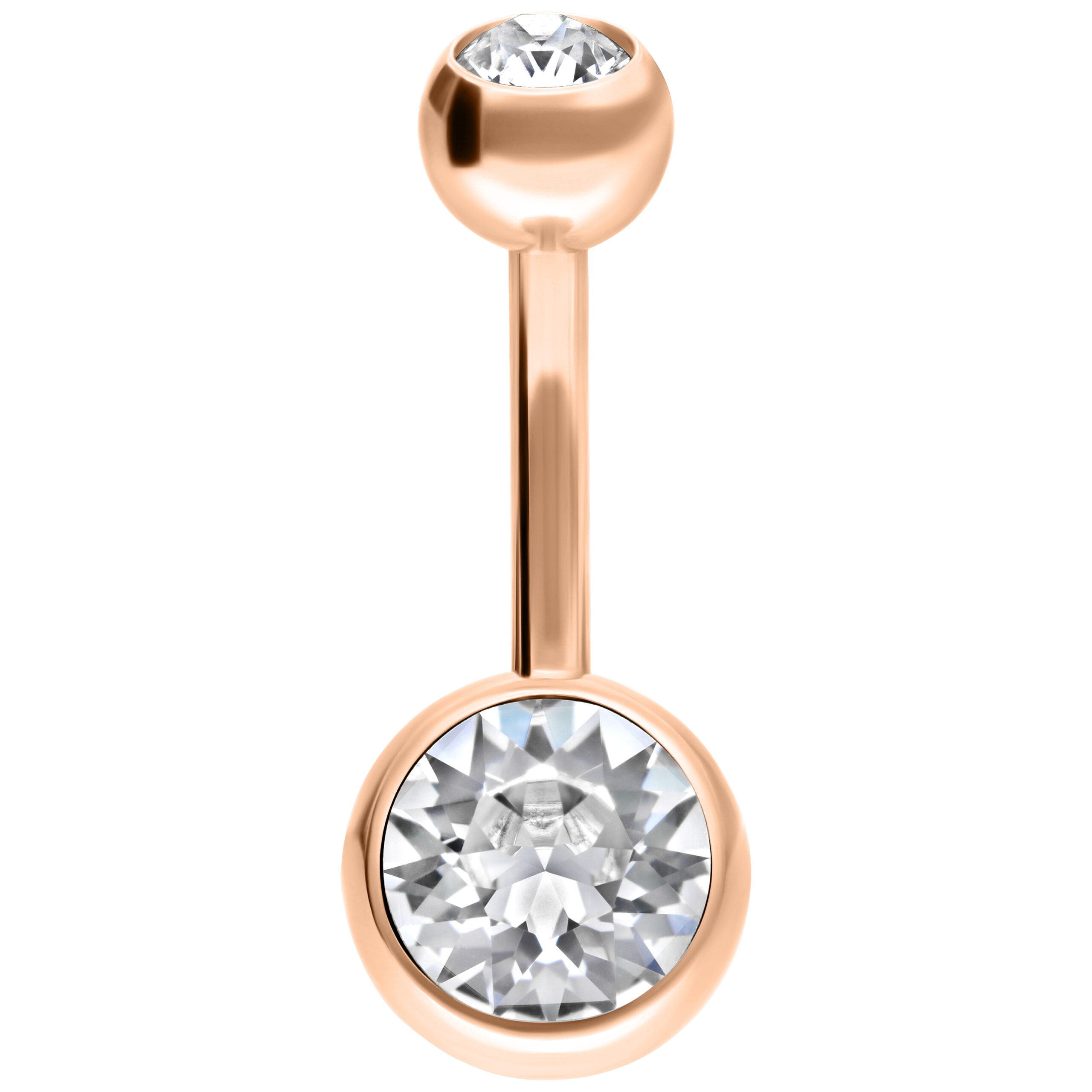 Roségoldenes Bauchnabelpiercing mit kristallklaren Steinen auf weißem Hintergrund